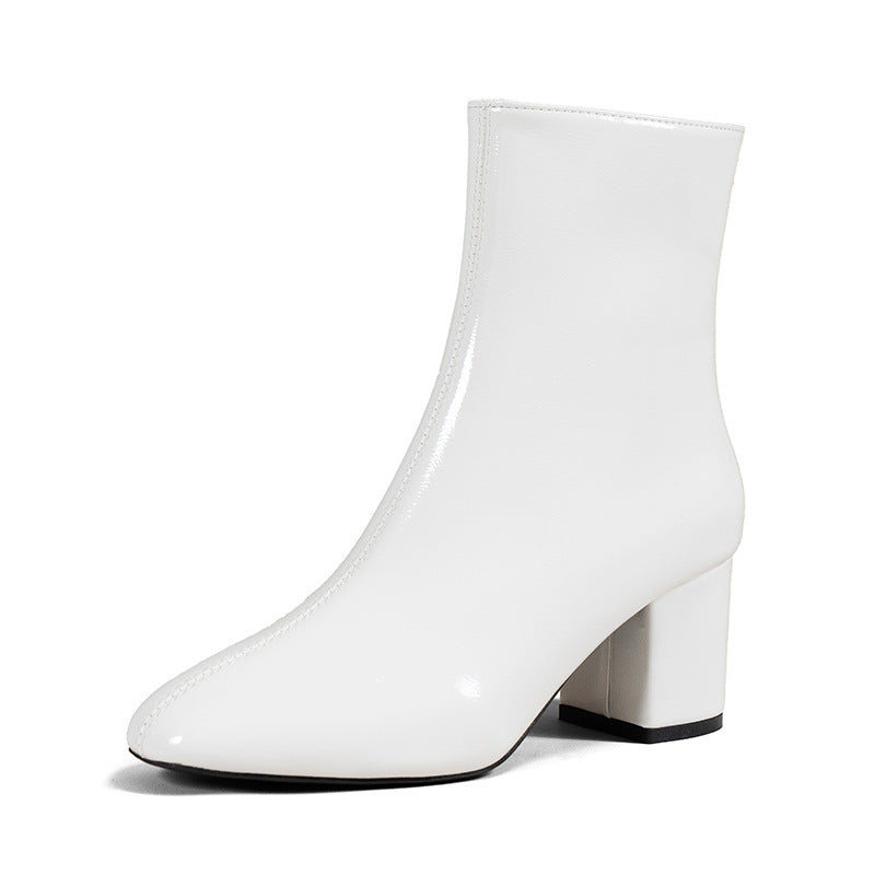 Women's faux leather block heel ankle boots with side zipper in white, black and beige