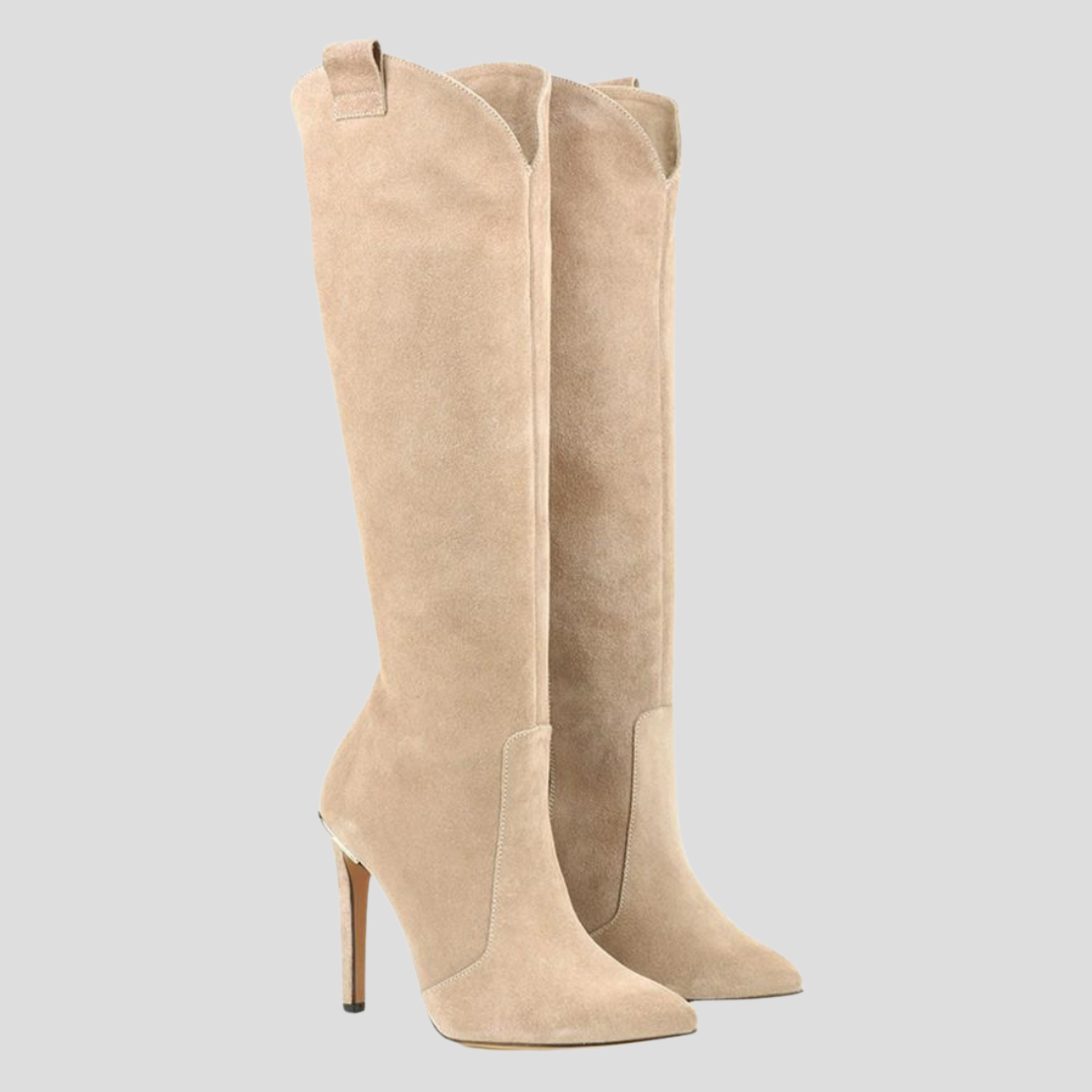 Knee-high pointed-toe women's boots with a slim heel and clean vertical silhouette
