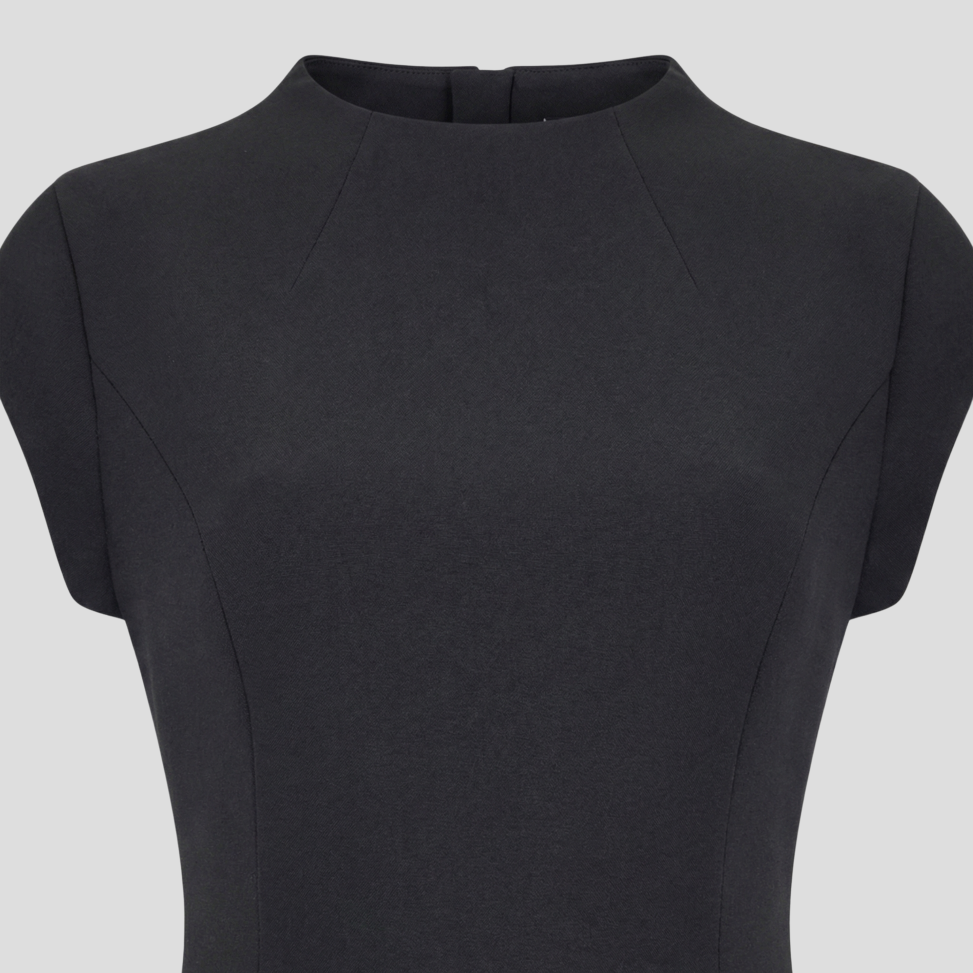 Women's high-neck mini dress with cinched waist in black and white for evening wear
