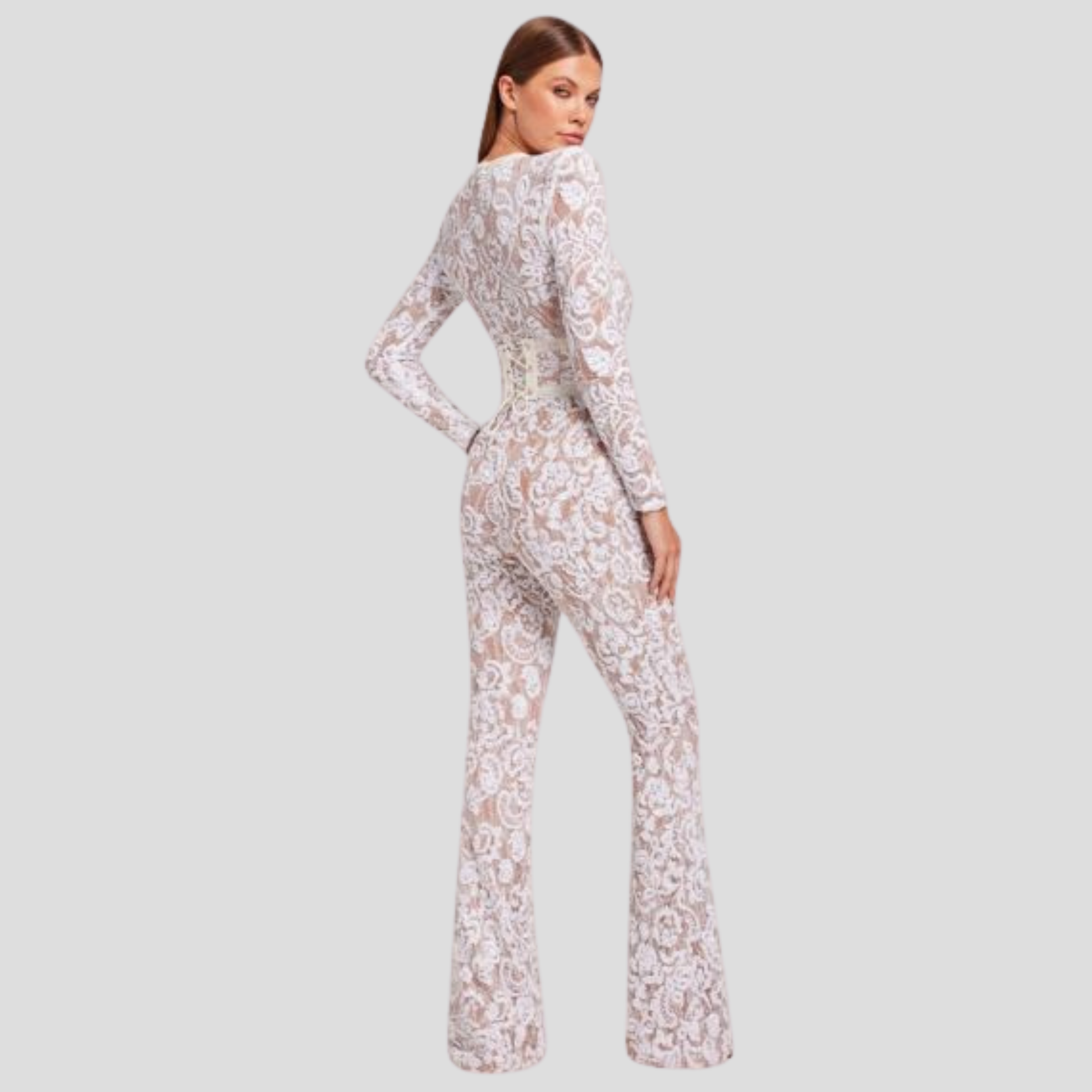 Women's jumpsuit with fitted bodice and flared leg silhouette in black and white