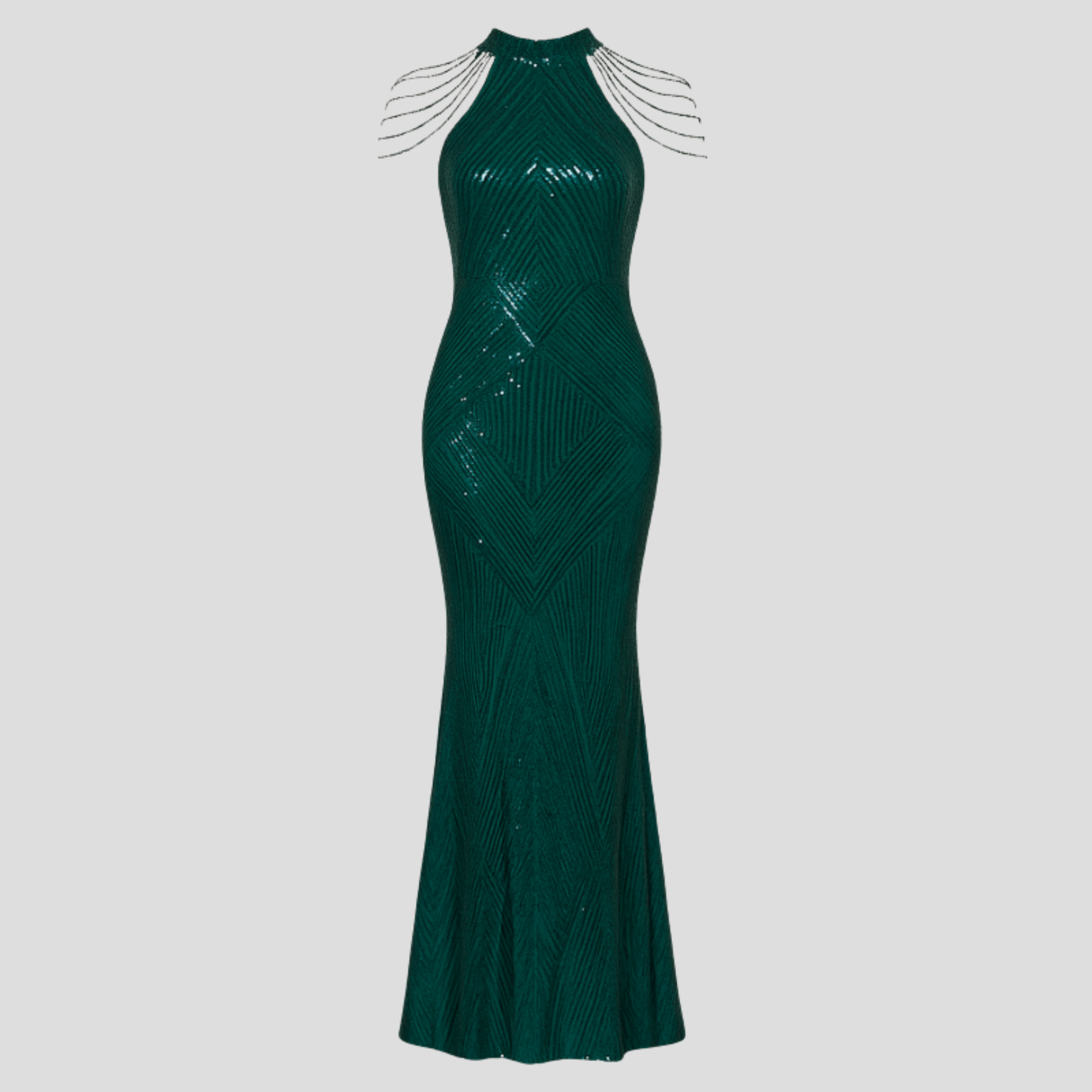Women's fitted sequin evening gown with halter neckline in gold