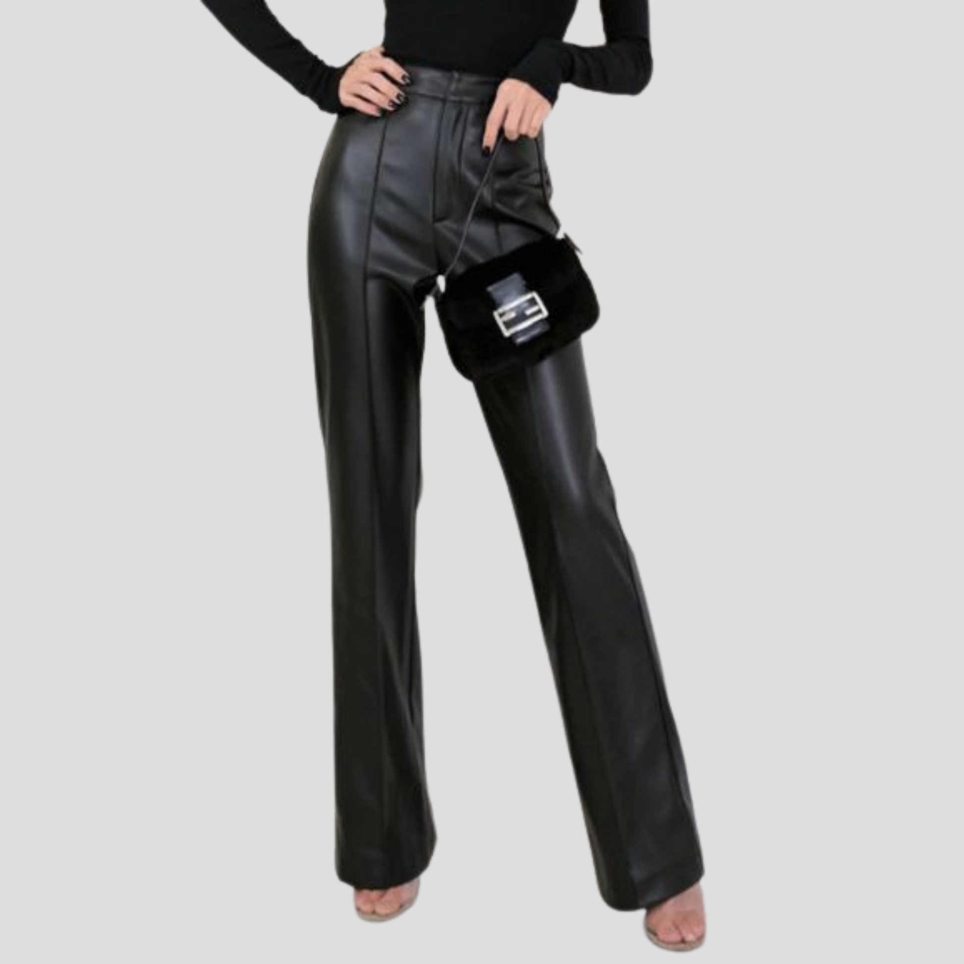 Women's black high-waist straight-leg trousers with a contoured, tailored waist