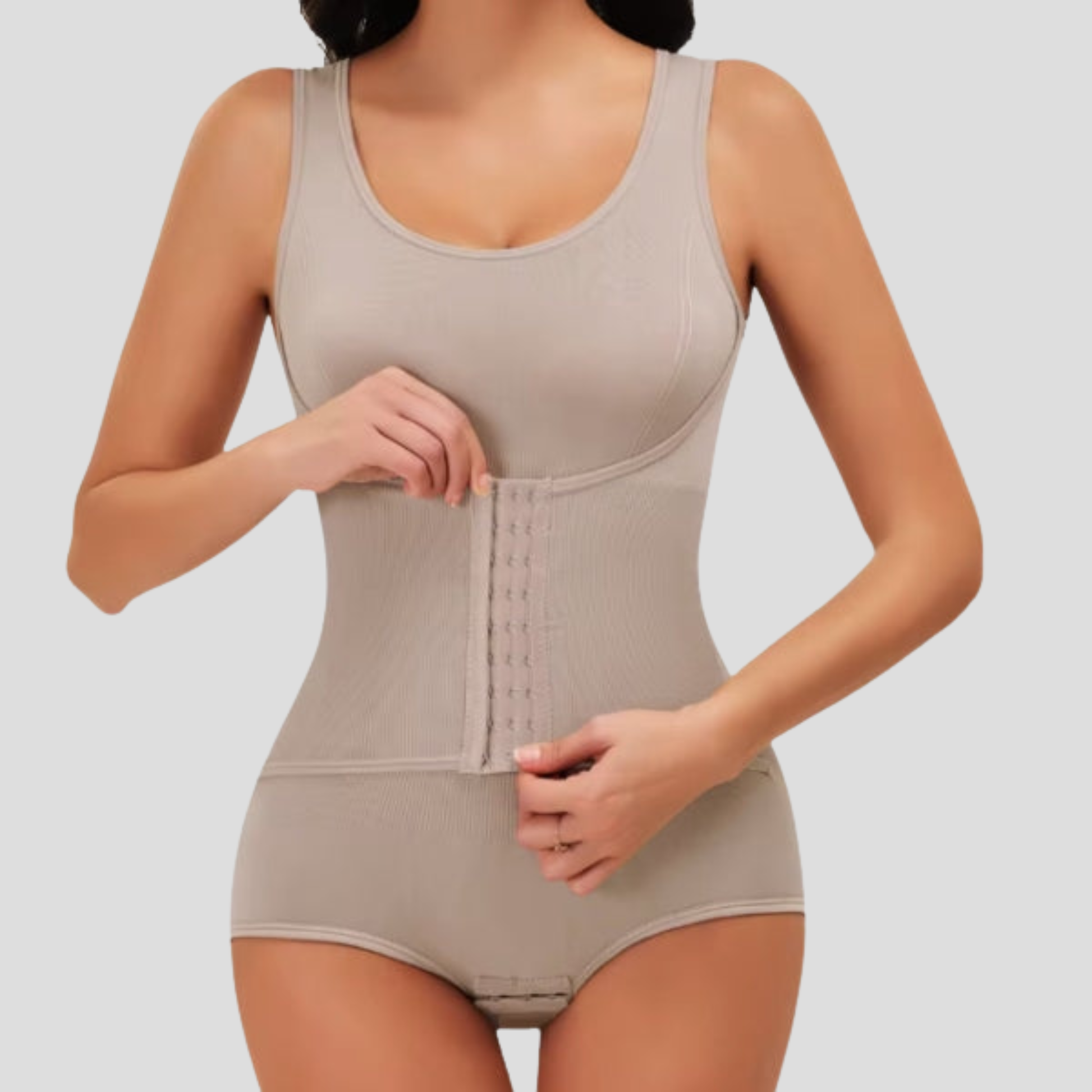 Women's sleeveless ribbed bodysuit with hook-front closure in black and beige