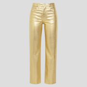 High-rise straight-leg metallic gold pants for evening wear