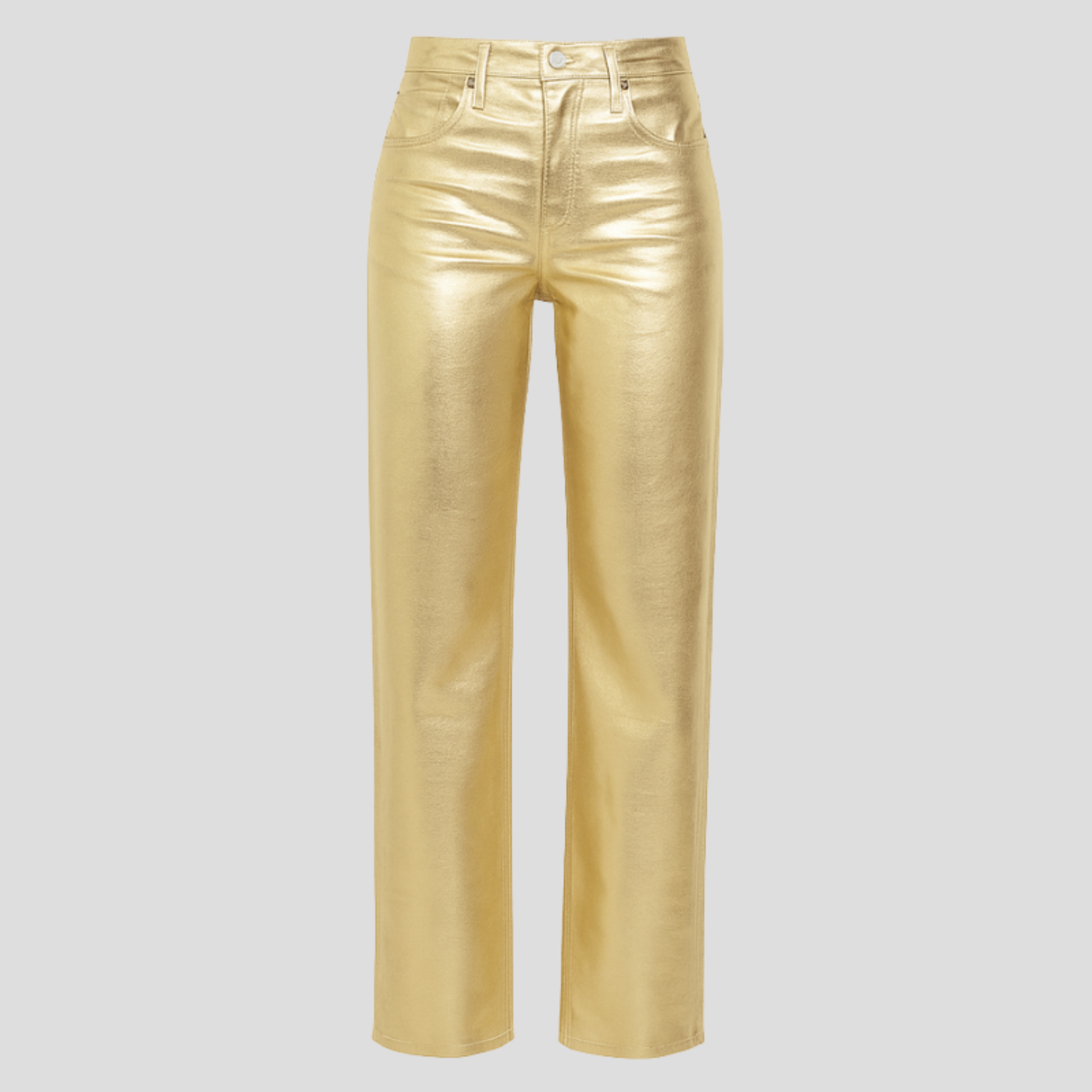 High-rise straight-leg metallic gold pants for evening wear