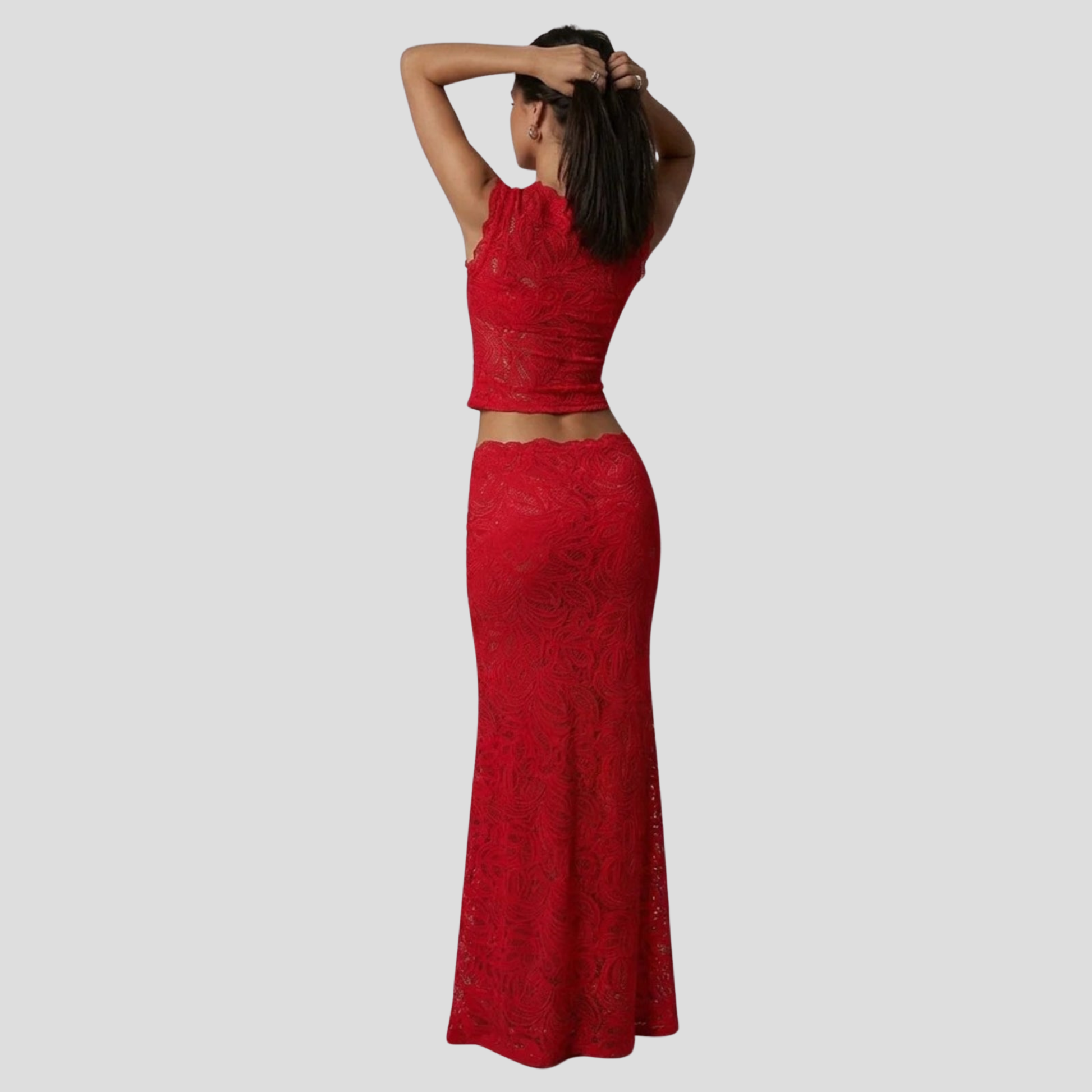 Women's two-piece maxi set with sleeveless cropped top and high-waist skirt in black and red