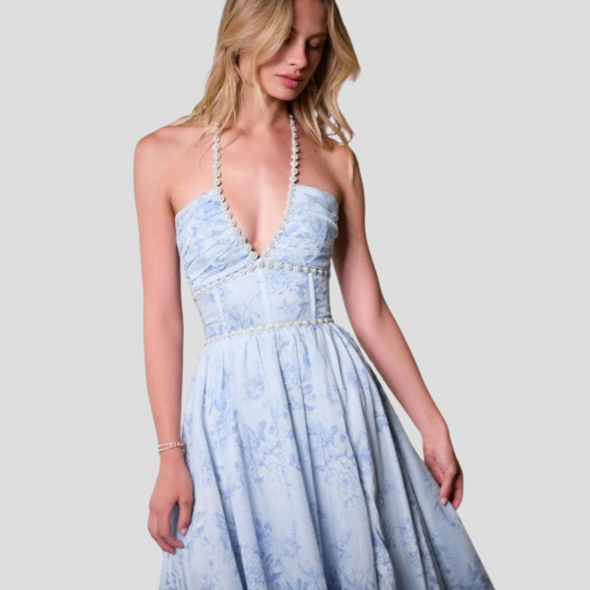 Blue maxi dress with corset bodice and ruffled hem for evening wear