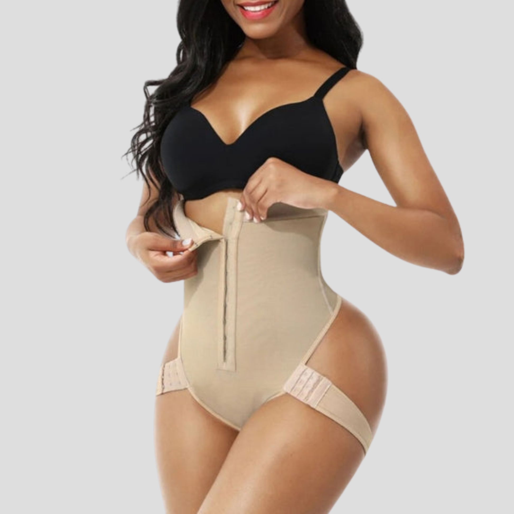High-waist women's shaping brief with hook-front closure in black and beige
