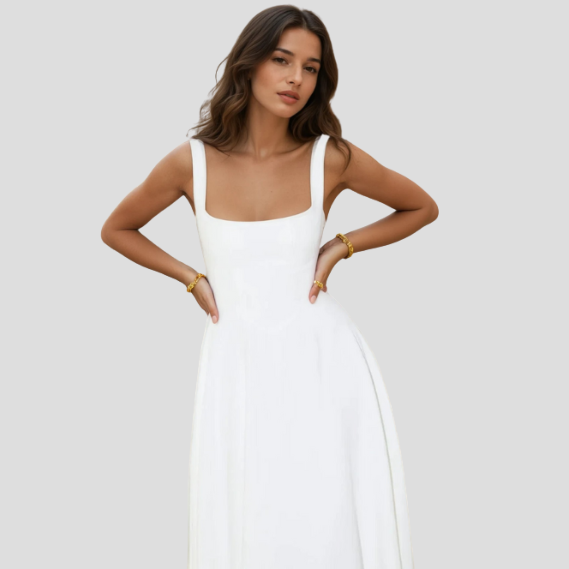 Women's square neckline A-line midi dress in green, white and black