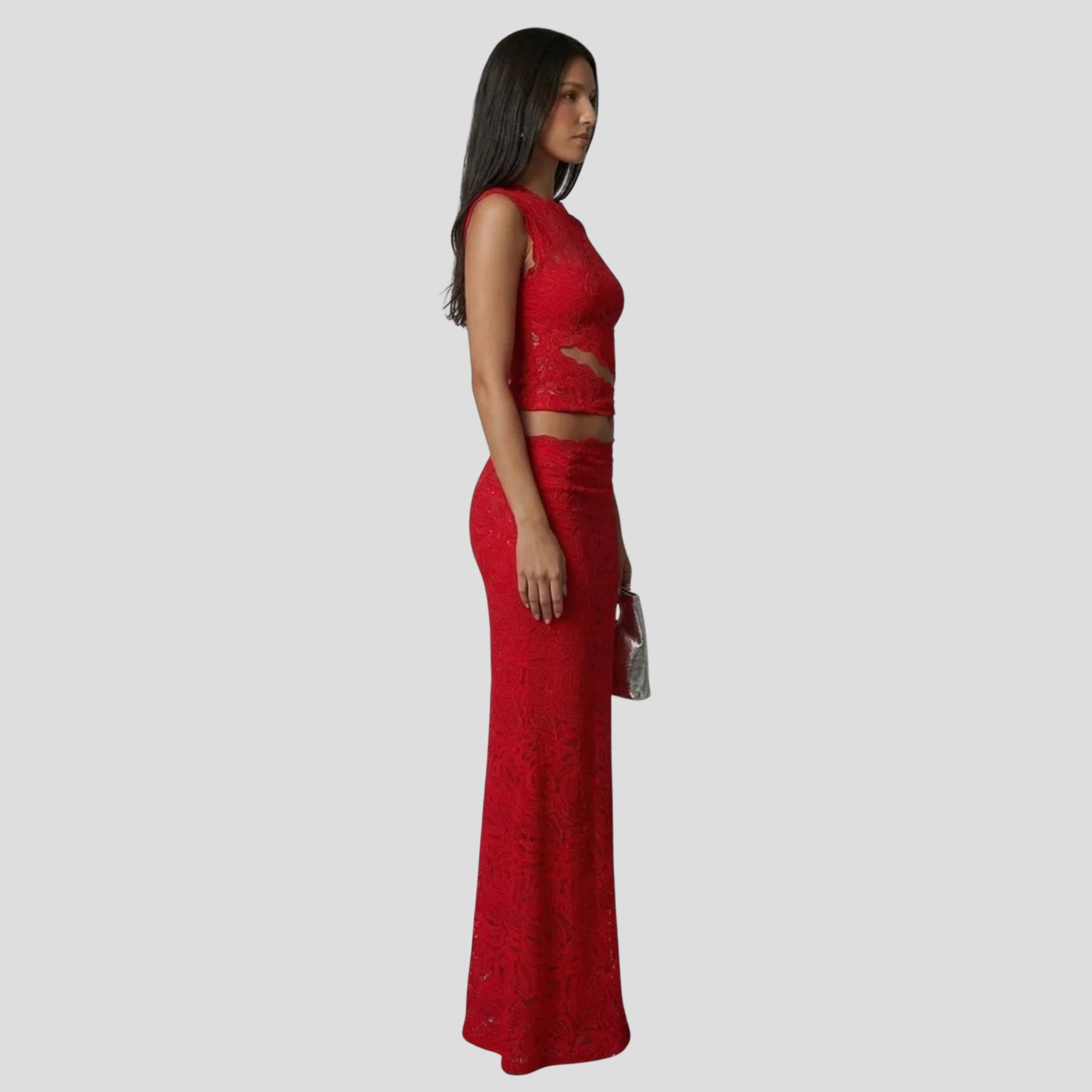 Women's two-piece maxi set with sleeveless cropped top and high-waist skirt in black and red