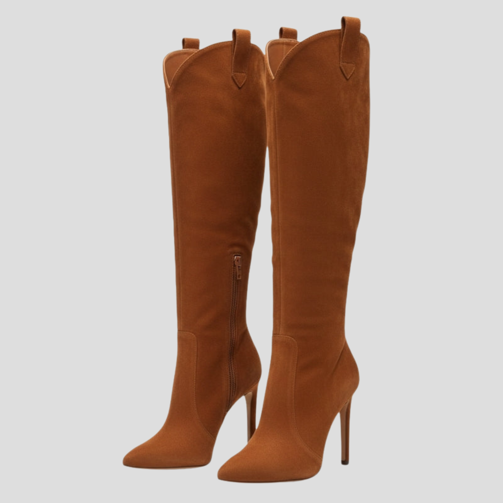 Knee-high pointed-toe women's boots with a slim heel and clean vertical silhouette