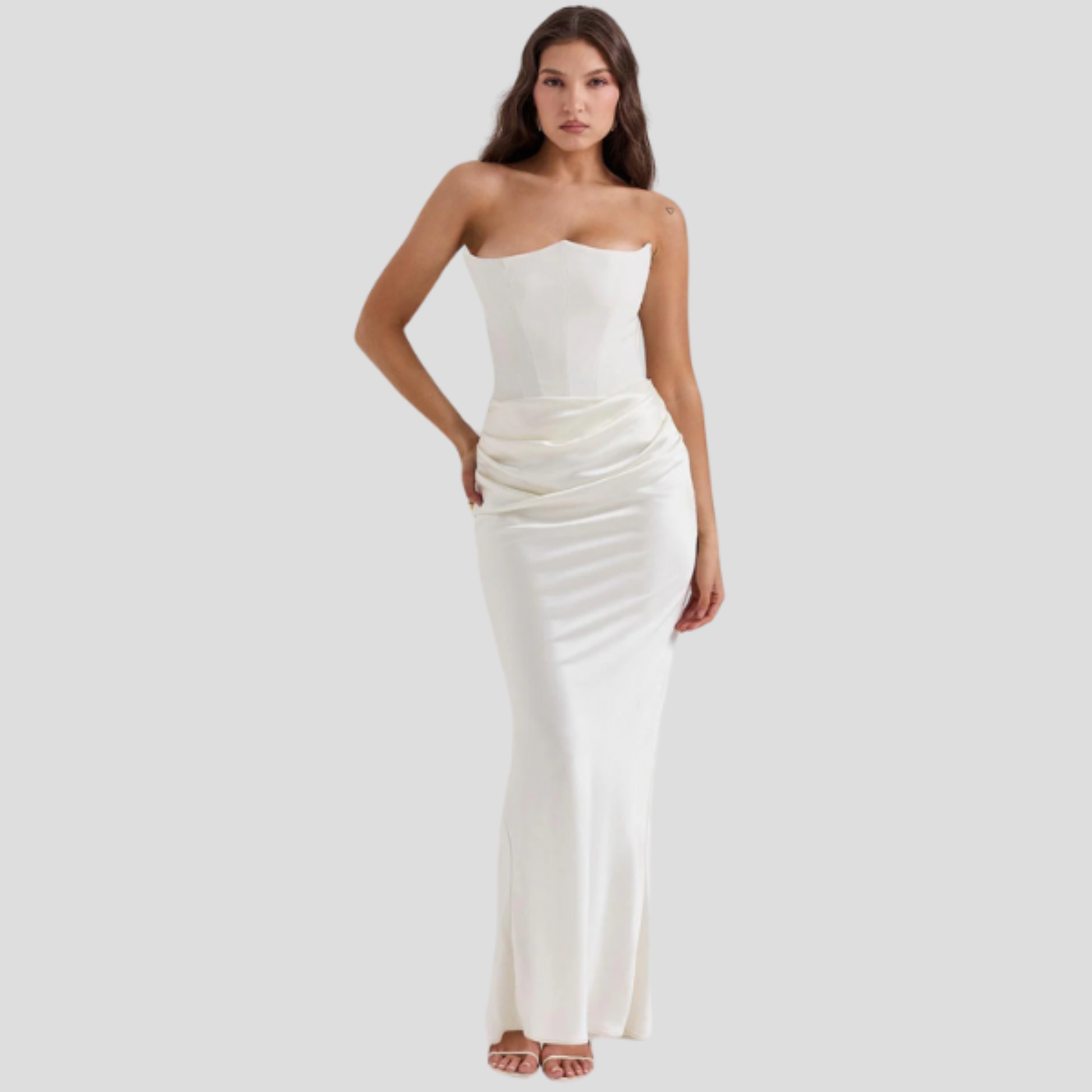 Strapless corset bodice maxi dress with draped waist in a full-length evening silhouette