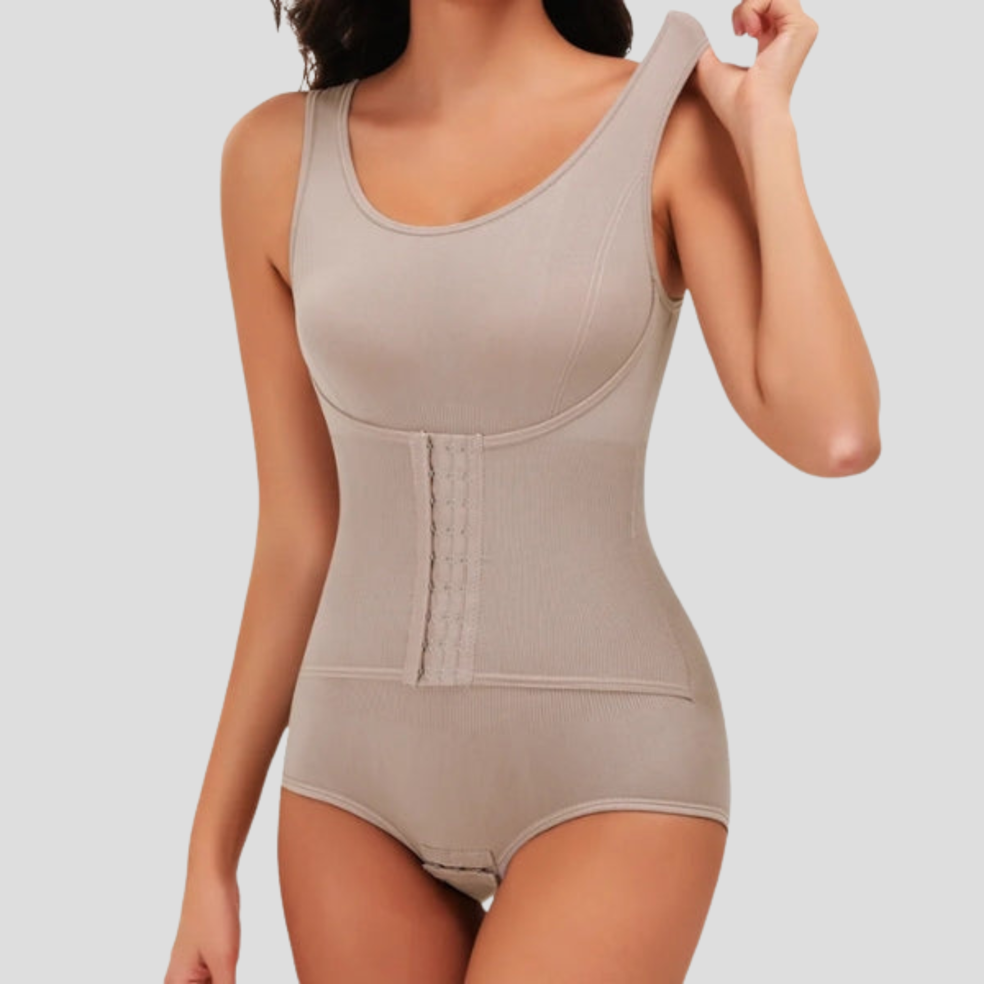 Women's sleeveless ribbed bodysuit with hook-front closure in black and beige