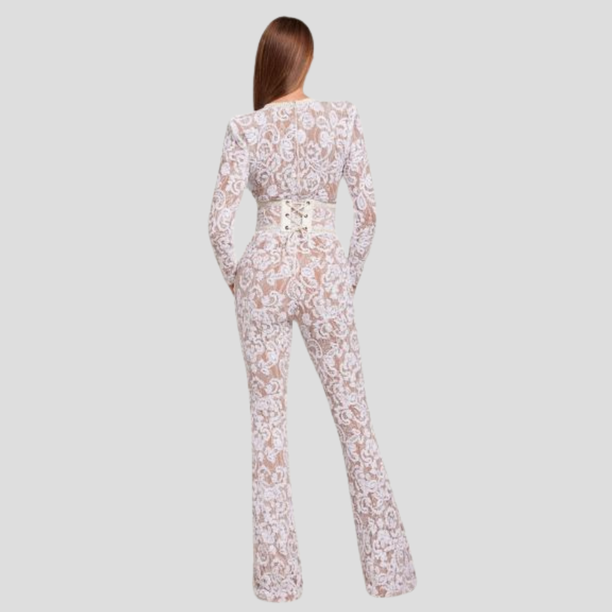 Women's jumpsuit with fitted bodice and flared leg silhouette in black and white