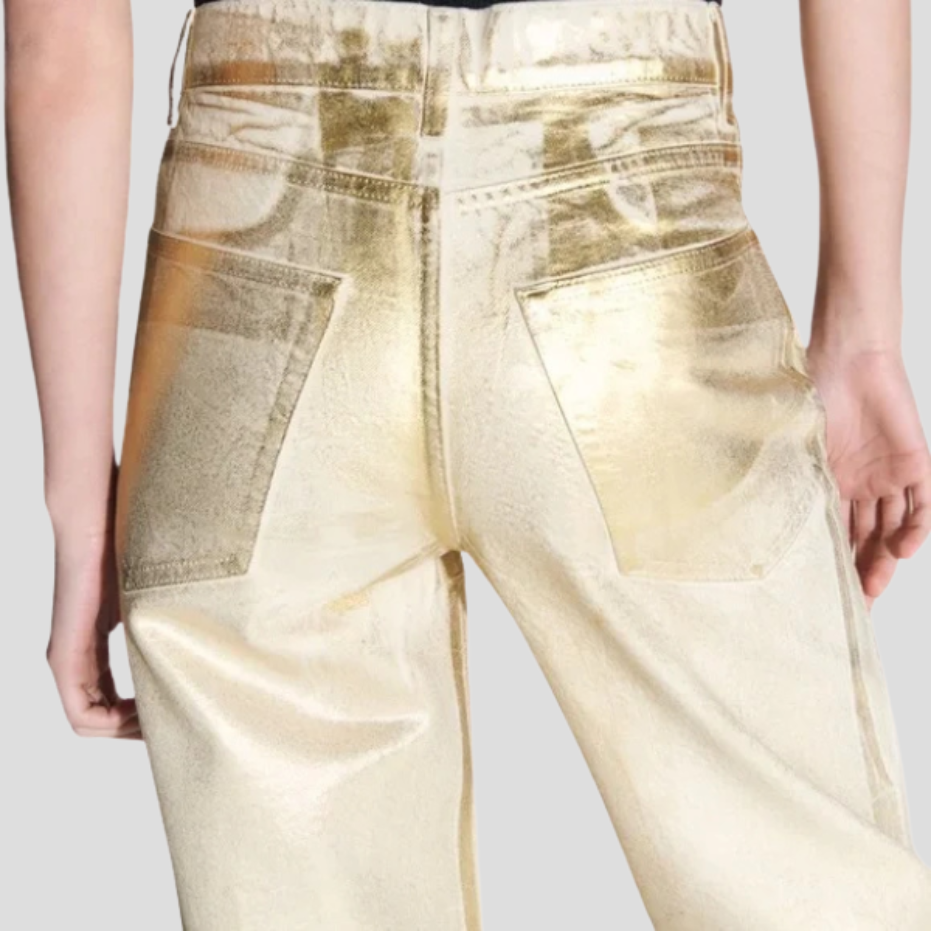High-rise straight-leg metallic gold pants for evening wear