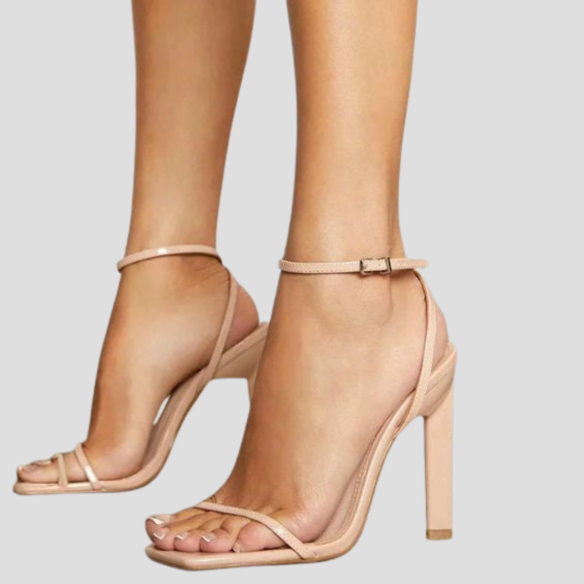 Women's square toe strappy block heel sandals in black, orange, and beige