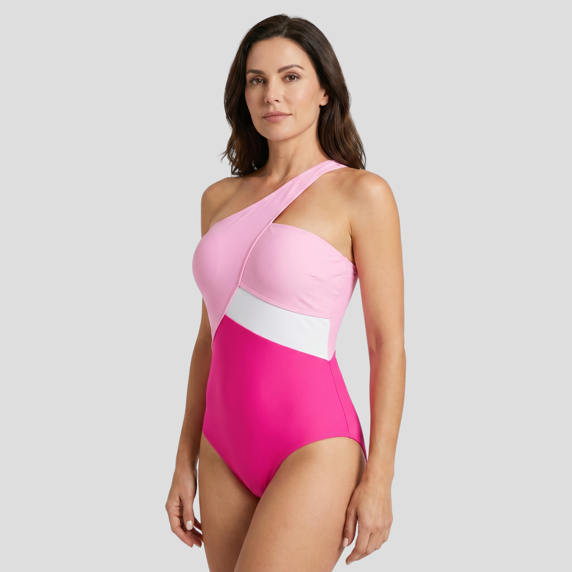 Women's one-shoulder color-block one-piece swimsuit with wrap bodice detail