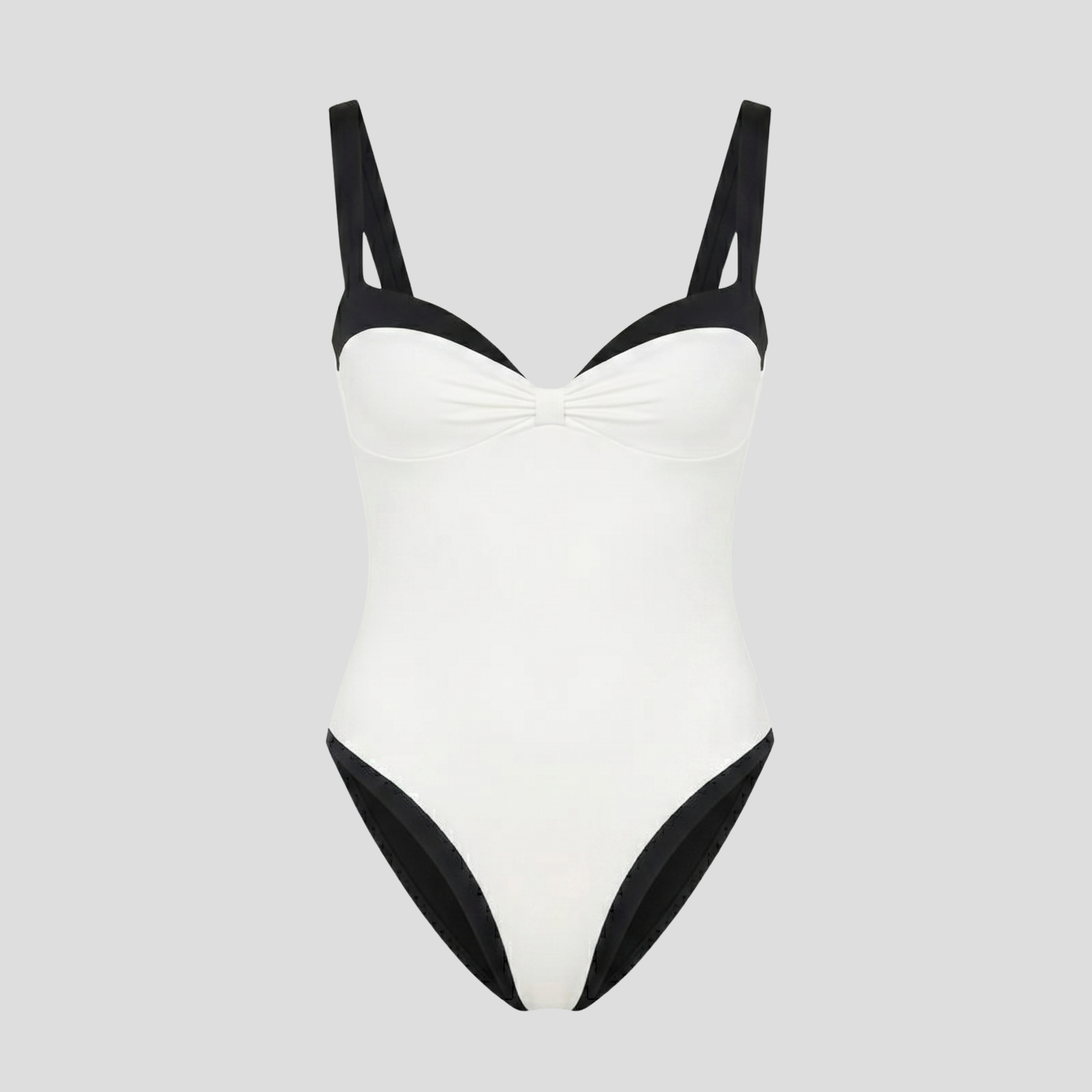Women's one-piece swimsuit with sweetheart neckline and contrast trim in black and white