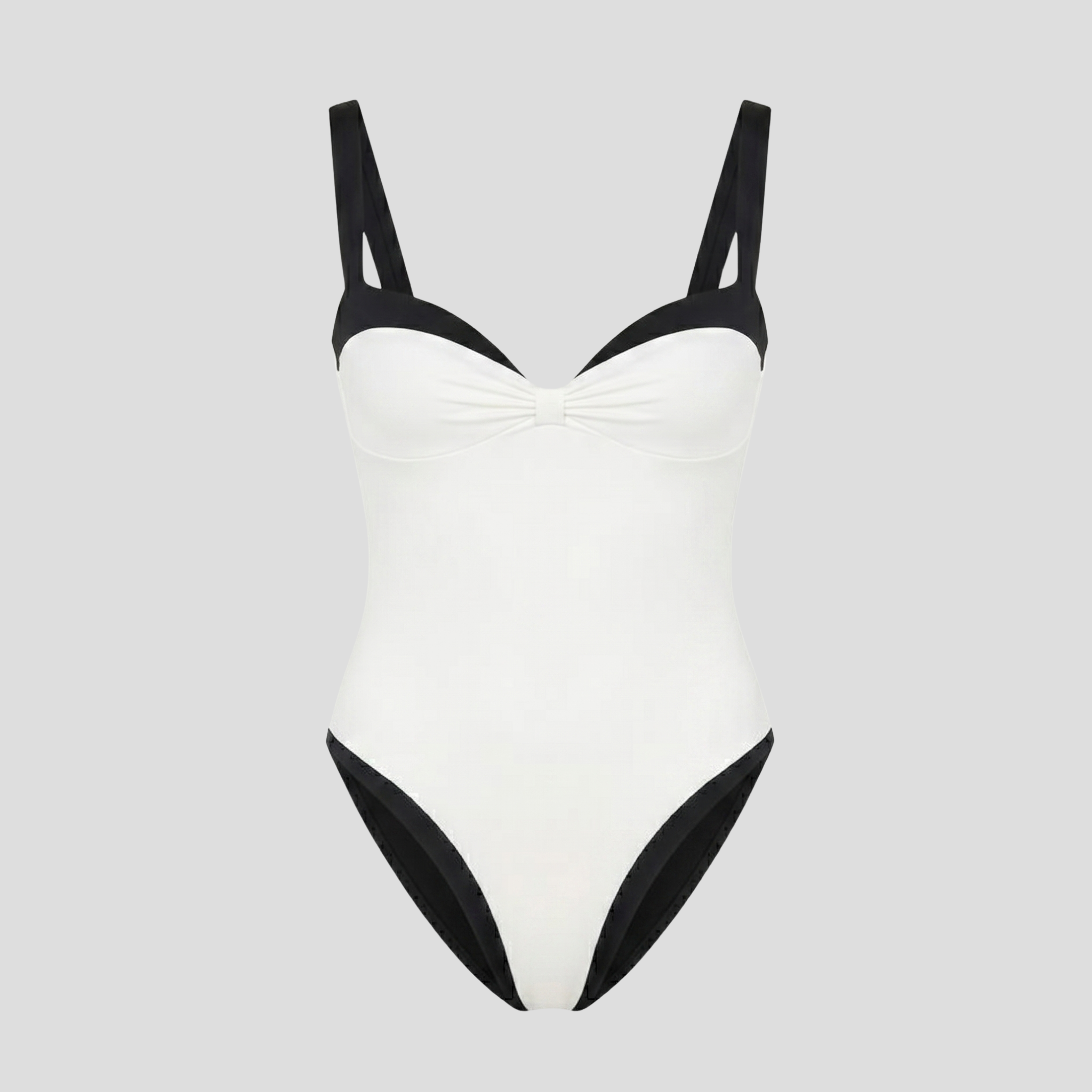 Women's one-piece swimsuit with sweetheart neckline and contrast trim in black and white