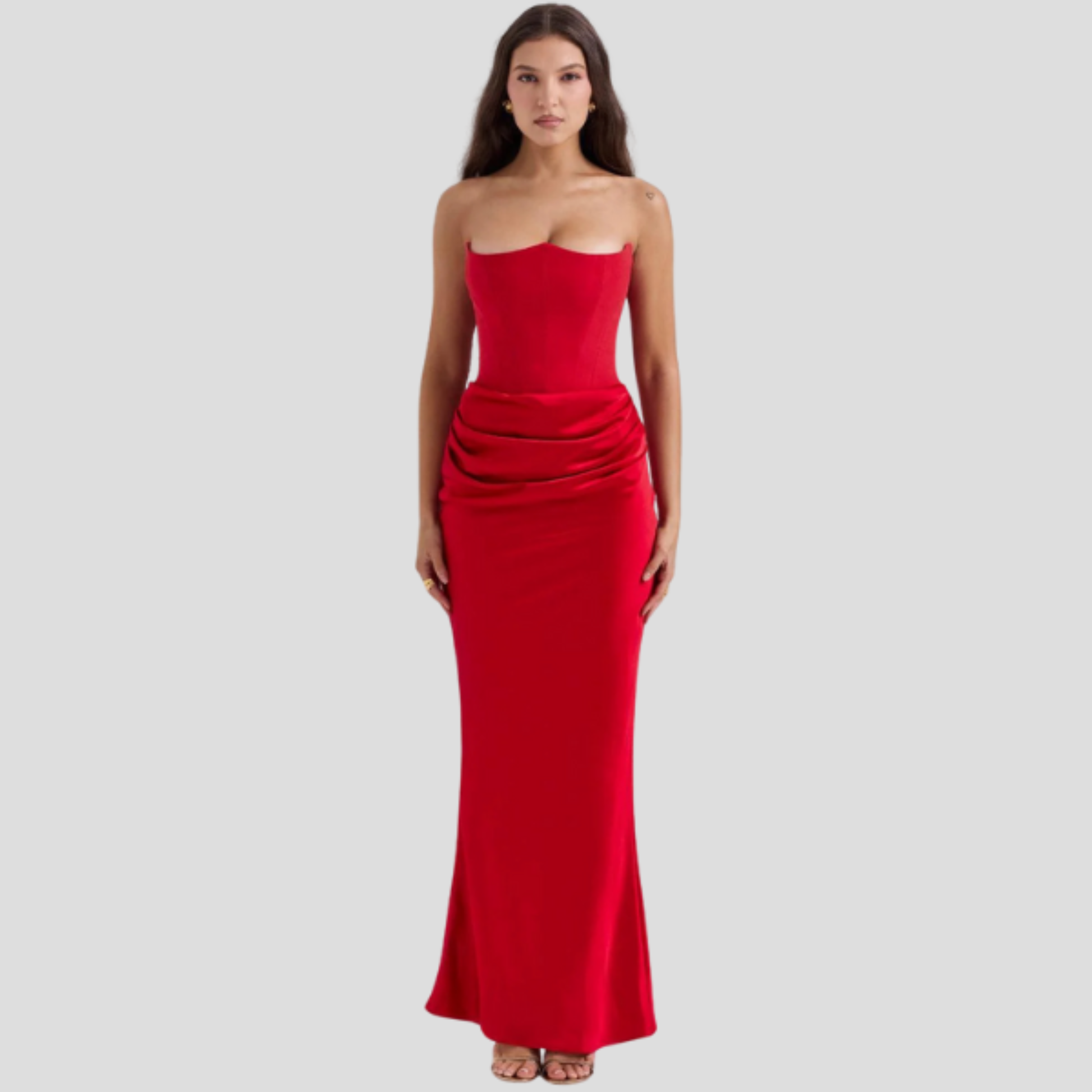 Strapless corset bodice maxi dress with draped waist in a full-length evening silhouette