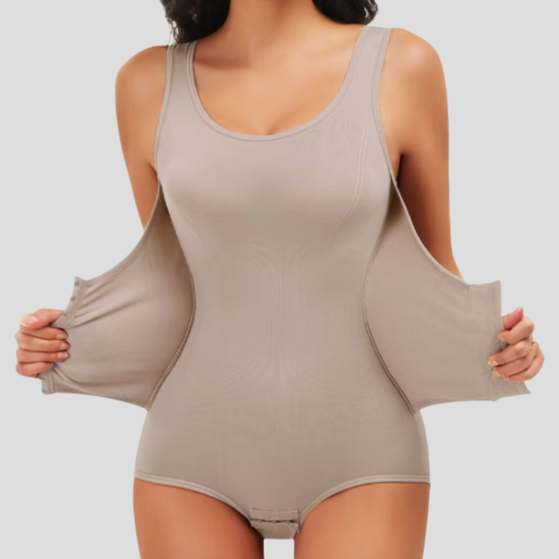 Women's sleeveless ribbed bodysuit with hook-front closure in black and beige