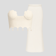 Women's white two-piece set with shell-inspired bodice and full-length skirt for occasions