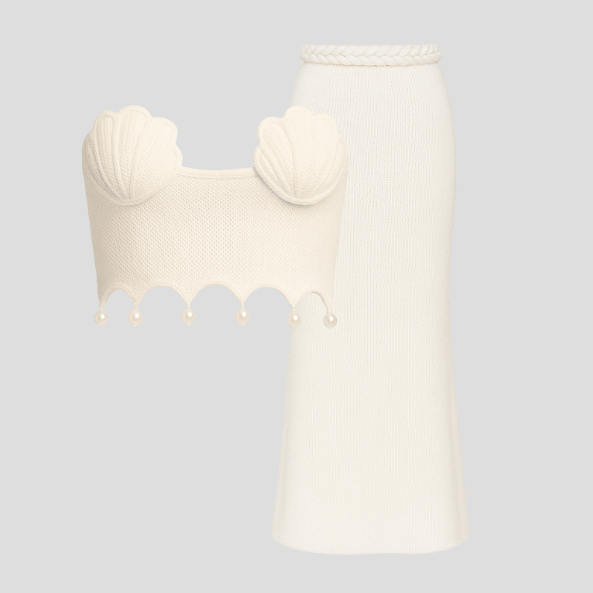 Women's white two-piece set with shell-inspired bodice and full-length skirt for occasions