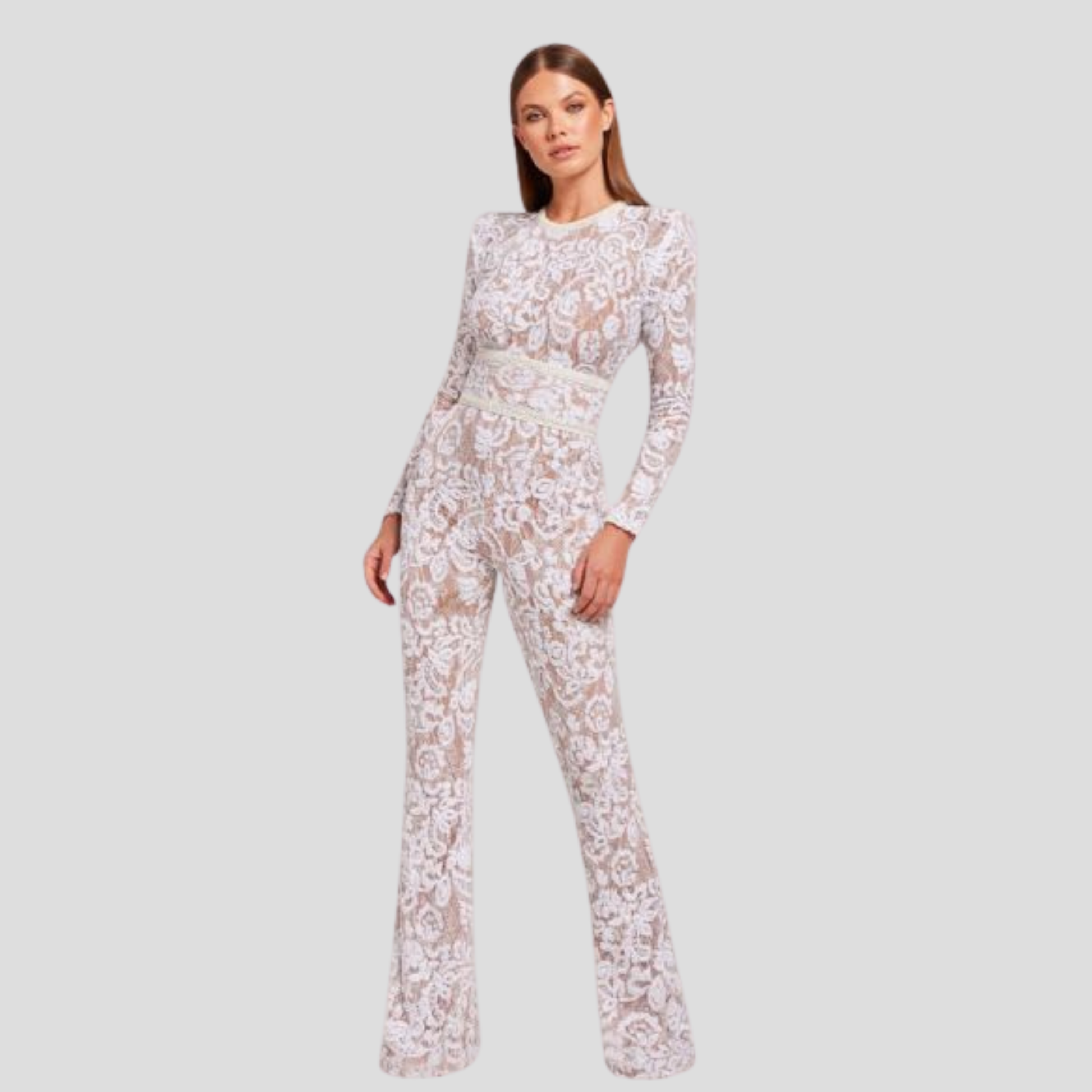 Women's jumpsuit with fitted bodice and flared leg silhouette in black and white