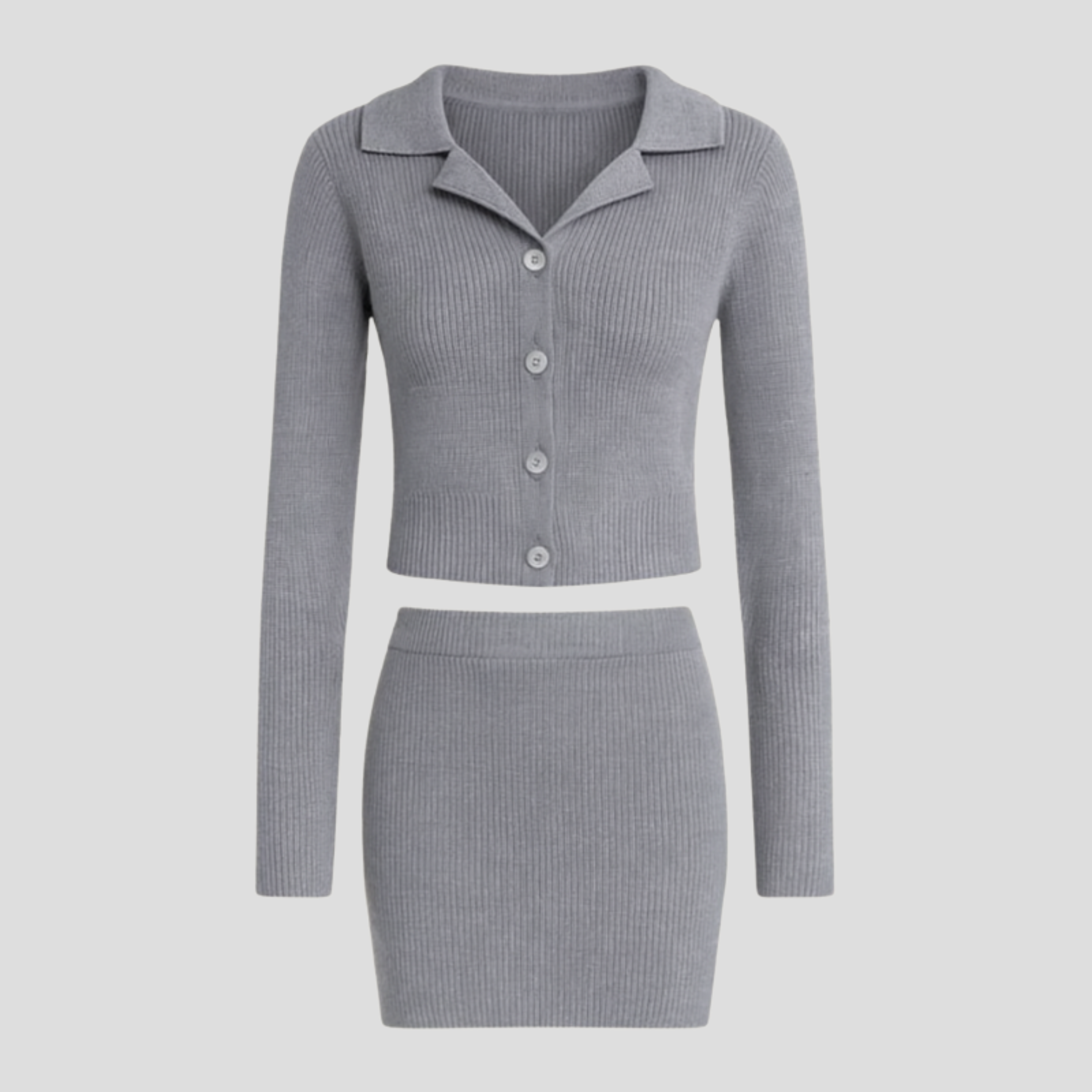 Women's grey two-piece knit set with cardigan top and coordinated skirt