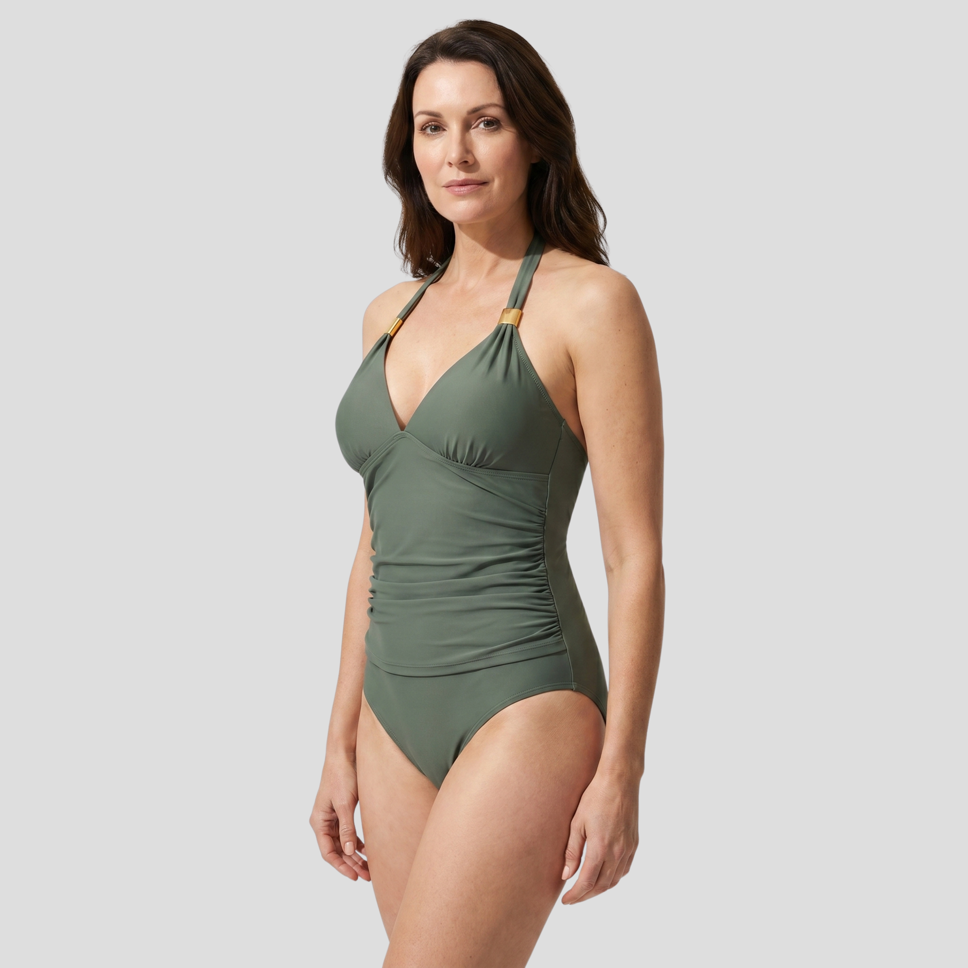 Women halter neck ruched tankini swimwear set with gold-tone hardware