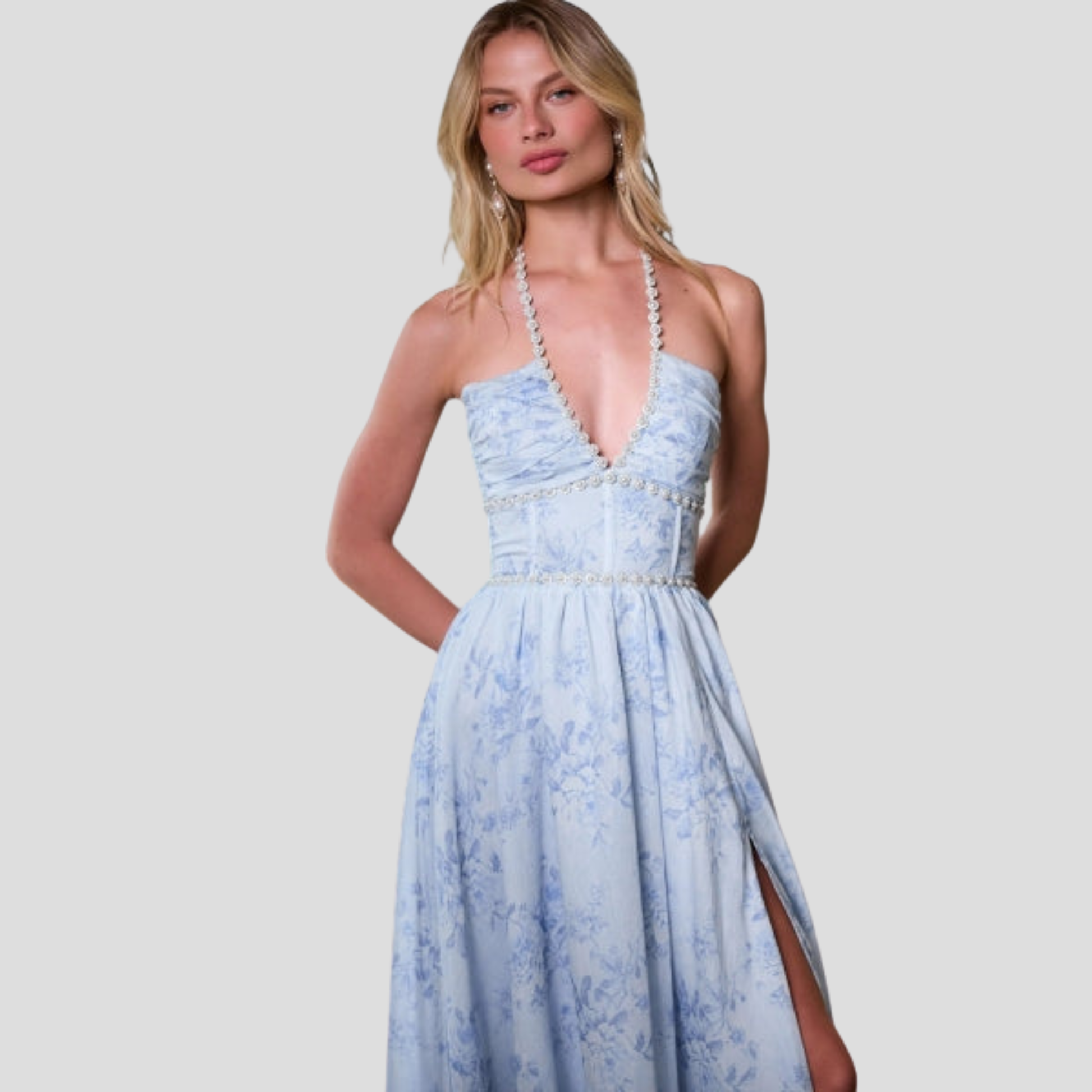 Blue maxi dress with corset bodice and ruffled hem for evening wear