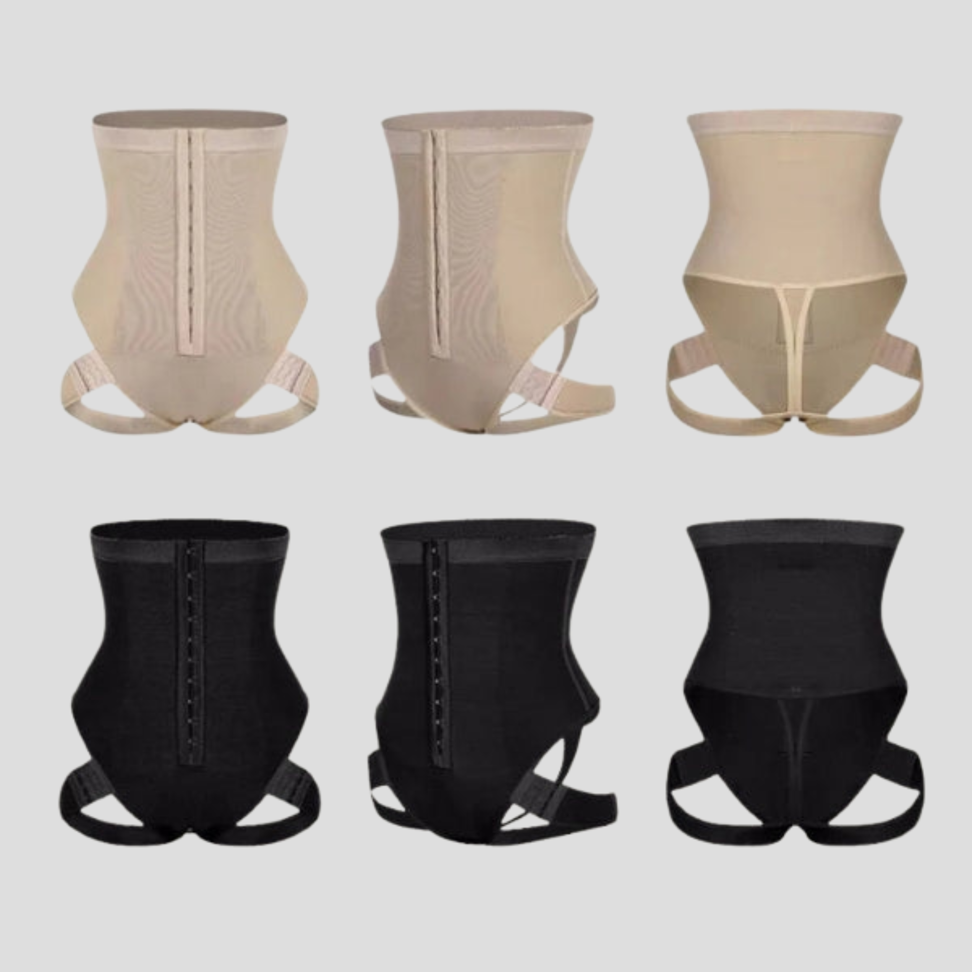 High-waist women's shaping brief with hook-front closure in black and beige