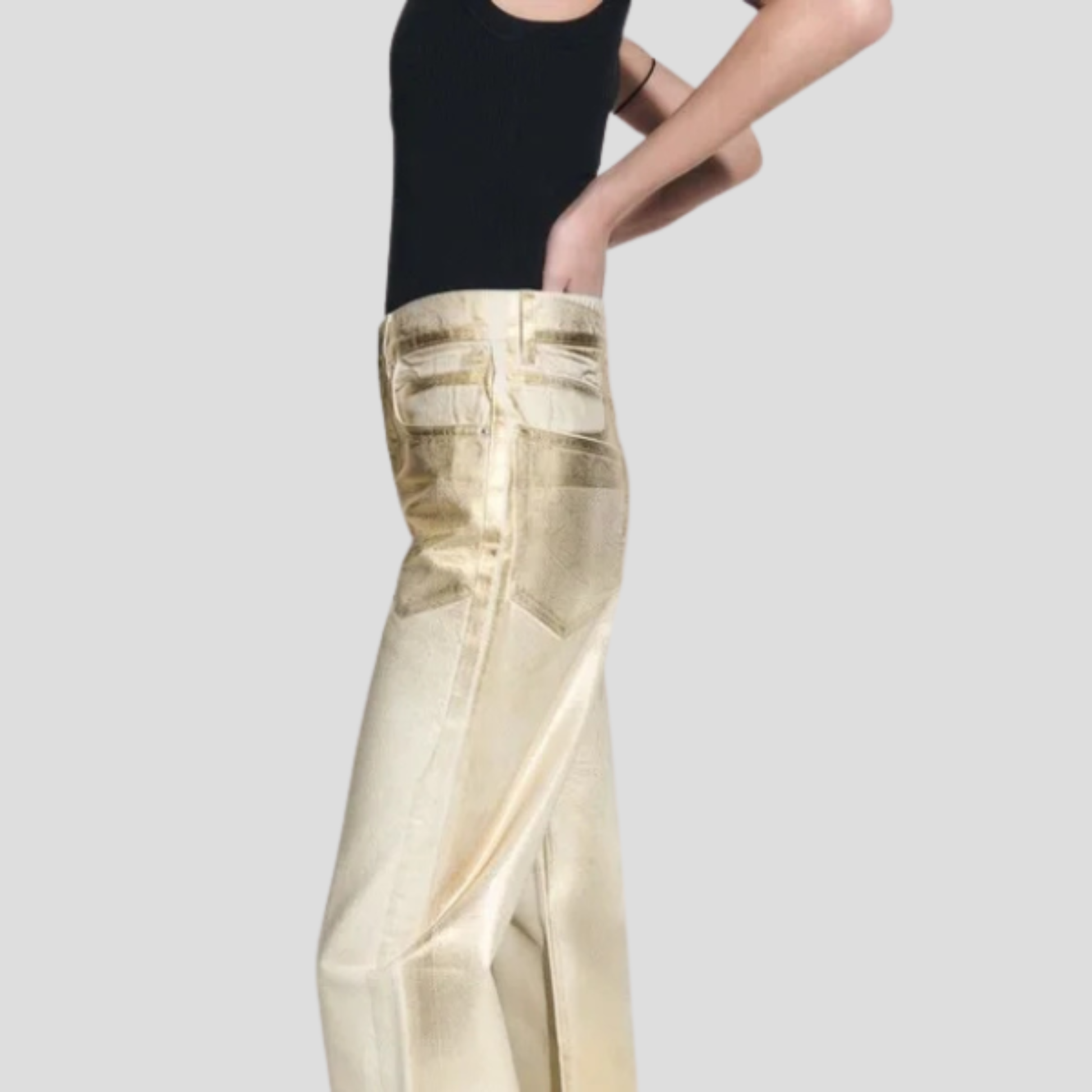 High-rise straight-leg metallic gold pants for evening wear
