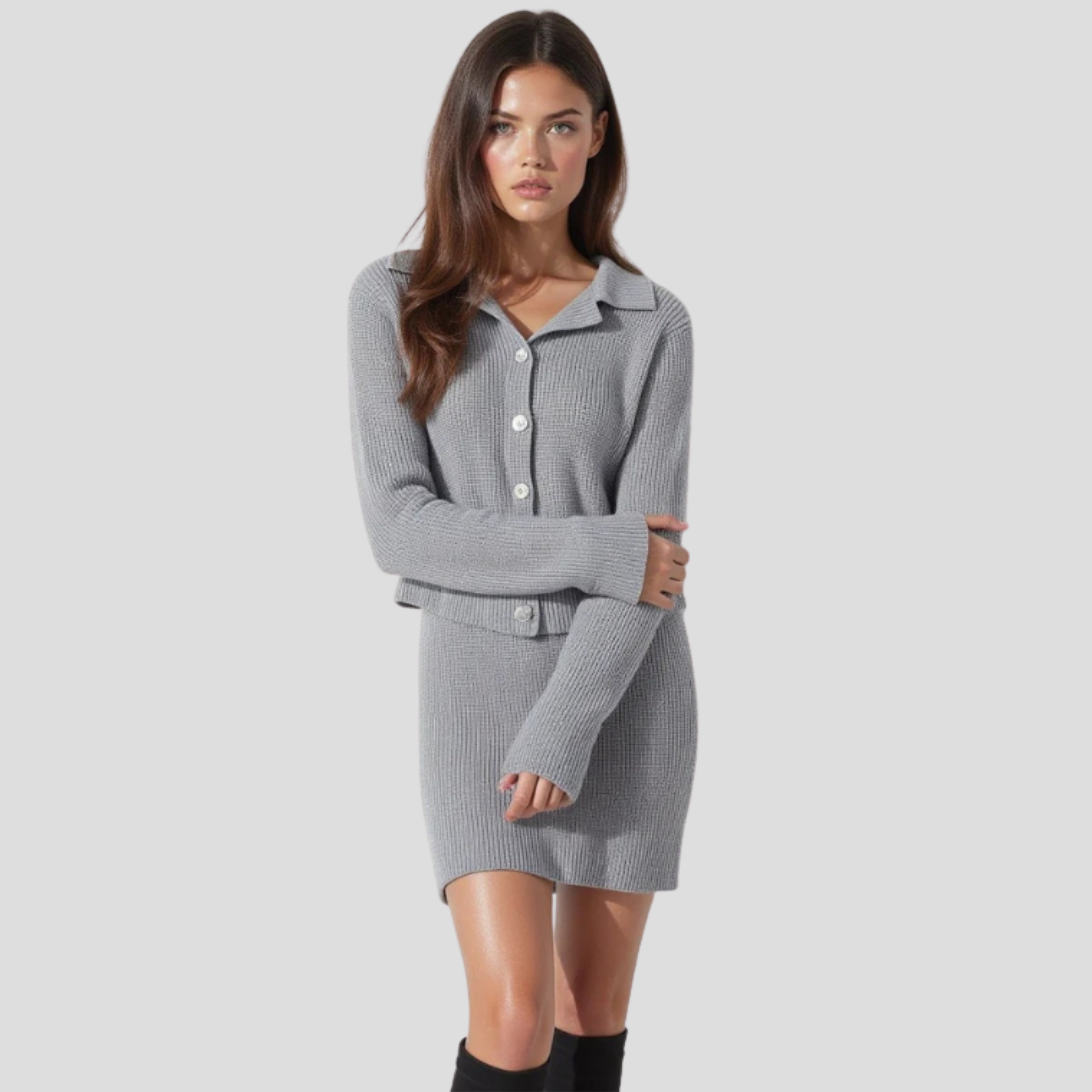 Women's grey two-piece knit set with cardigan top and coordinated skirt