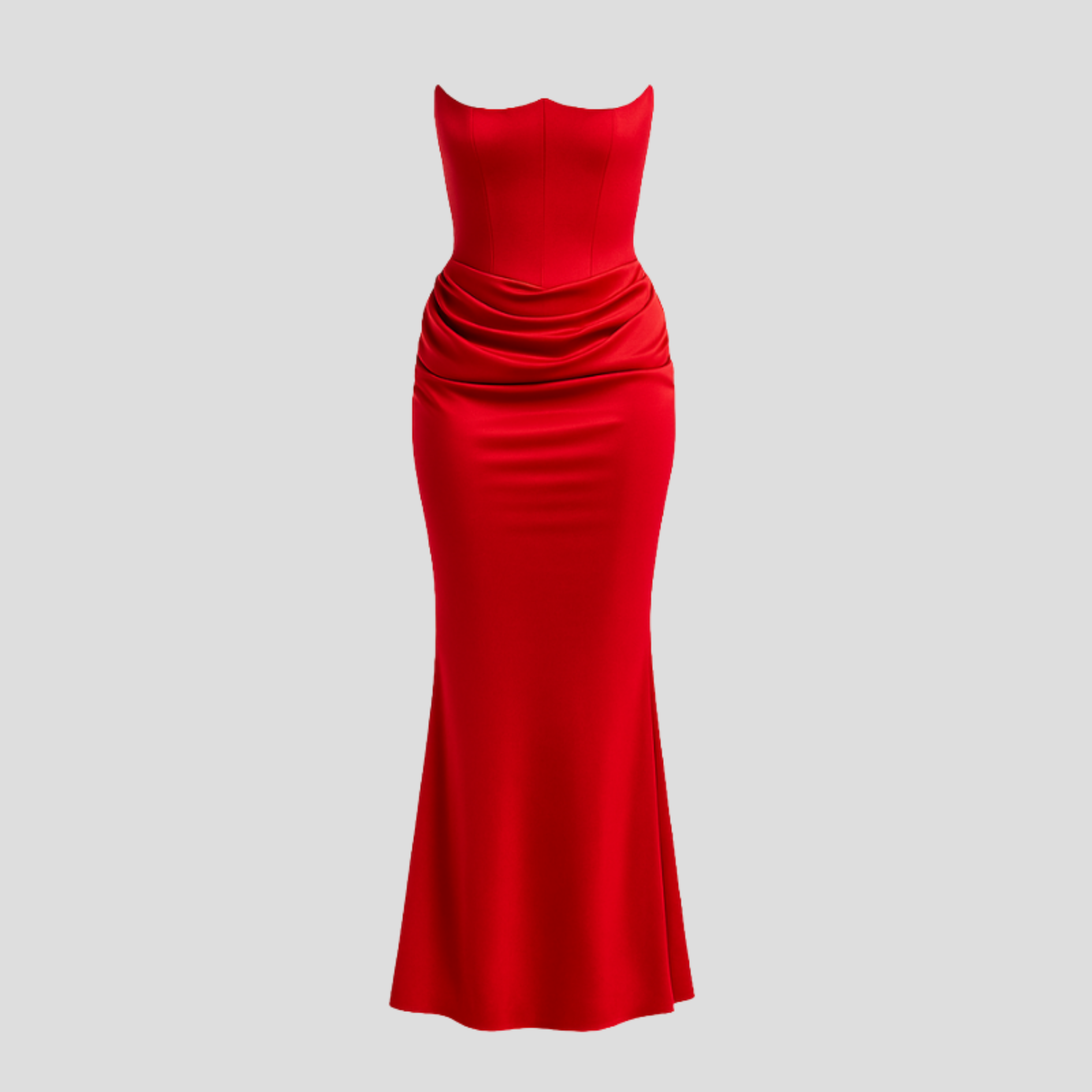 Strapless corset bodice maxi dress with draped waist in a full-length evening silhouette