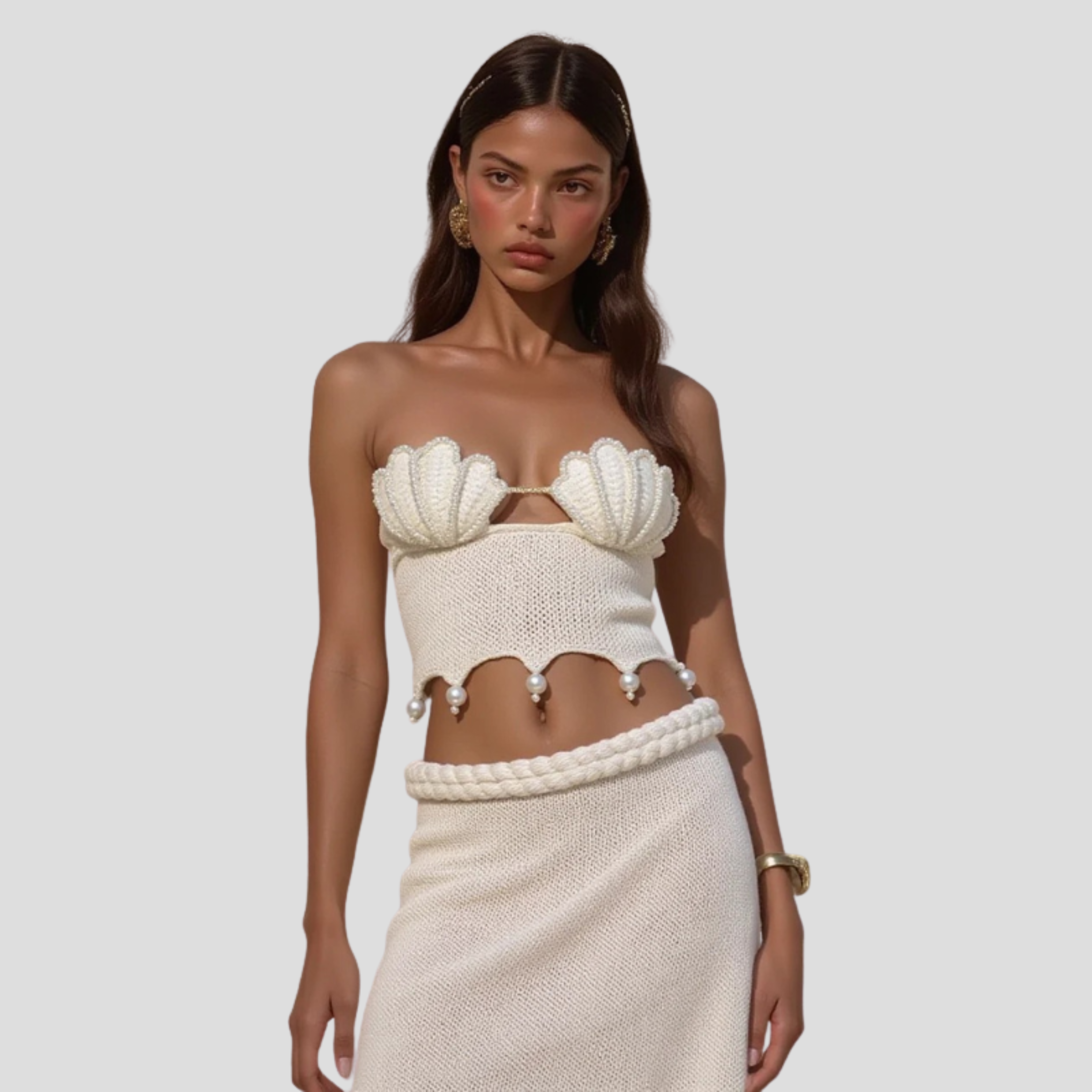 Women's white two-piece set with shell-inspired bodice and full-length skirt for occasions