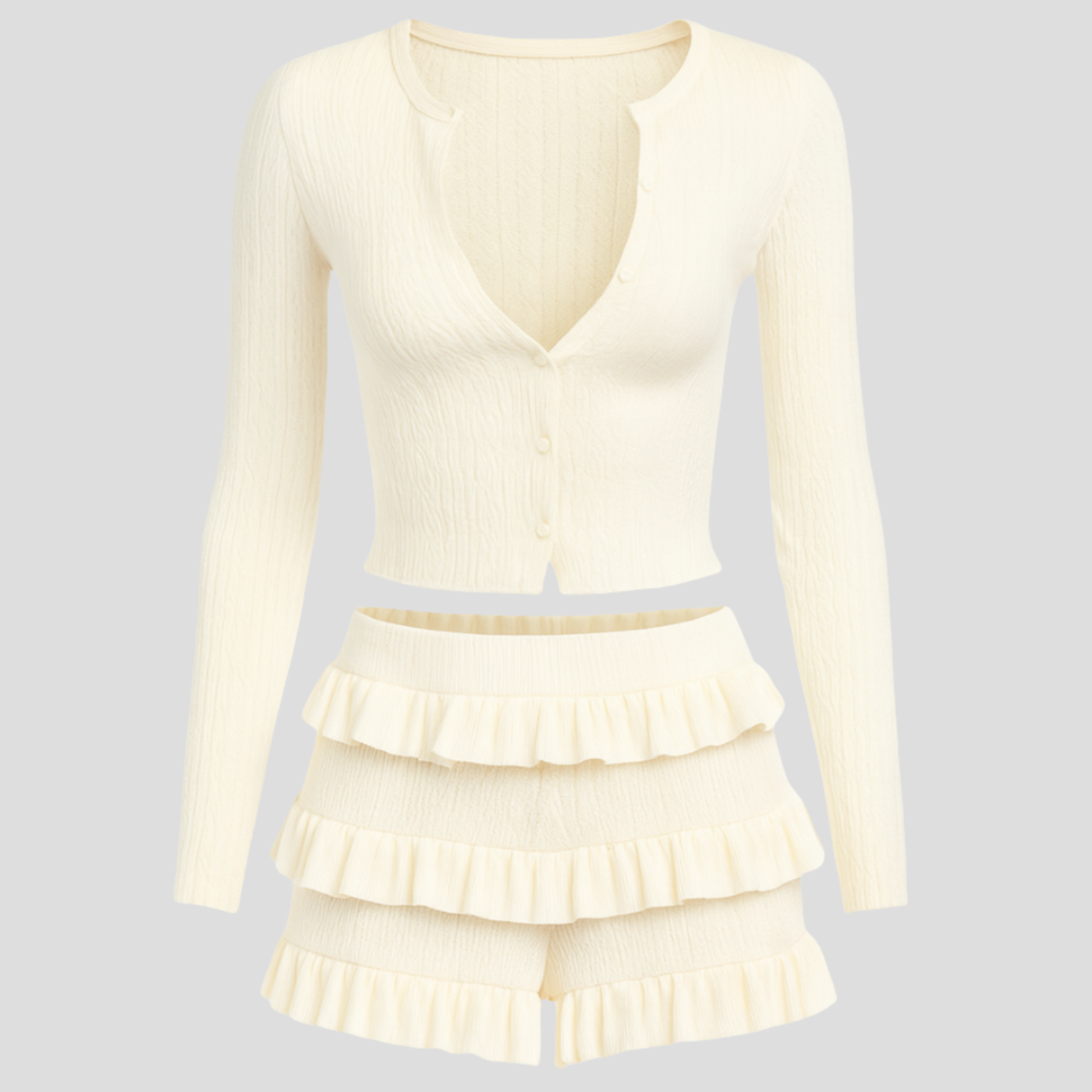 White women's two-piece set with textured top and coordinated skirt