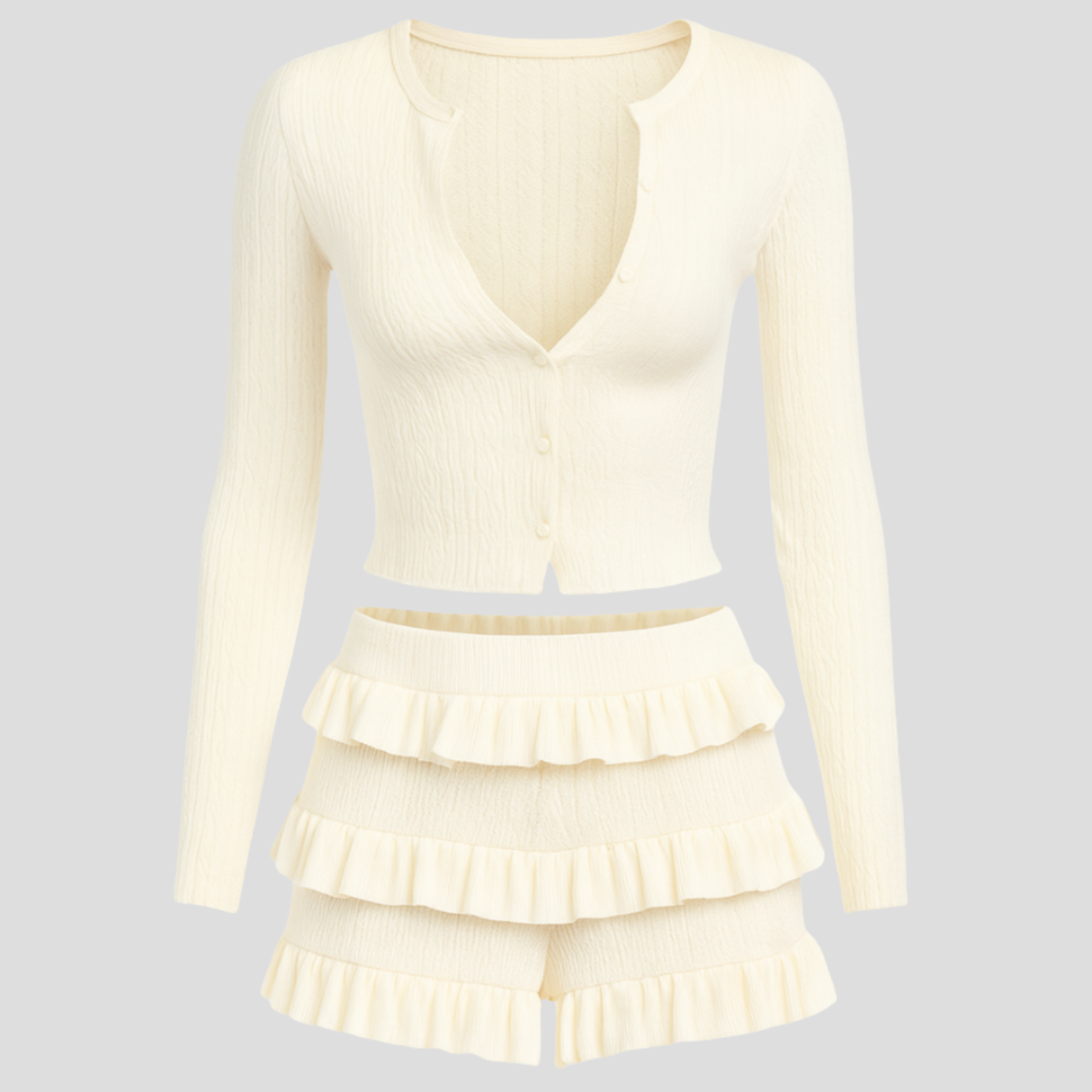 White women's two-piece set with textured top and coordinated skirt