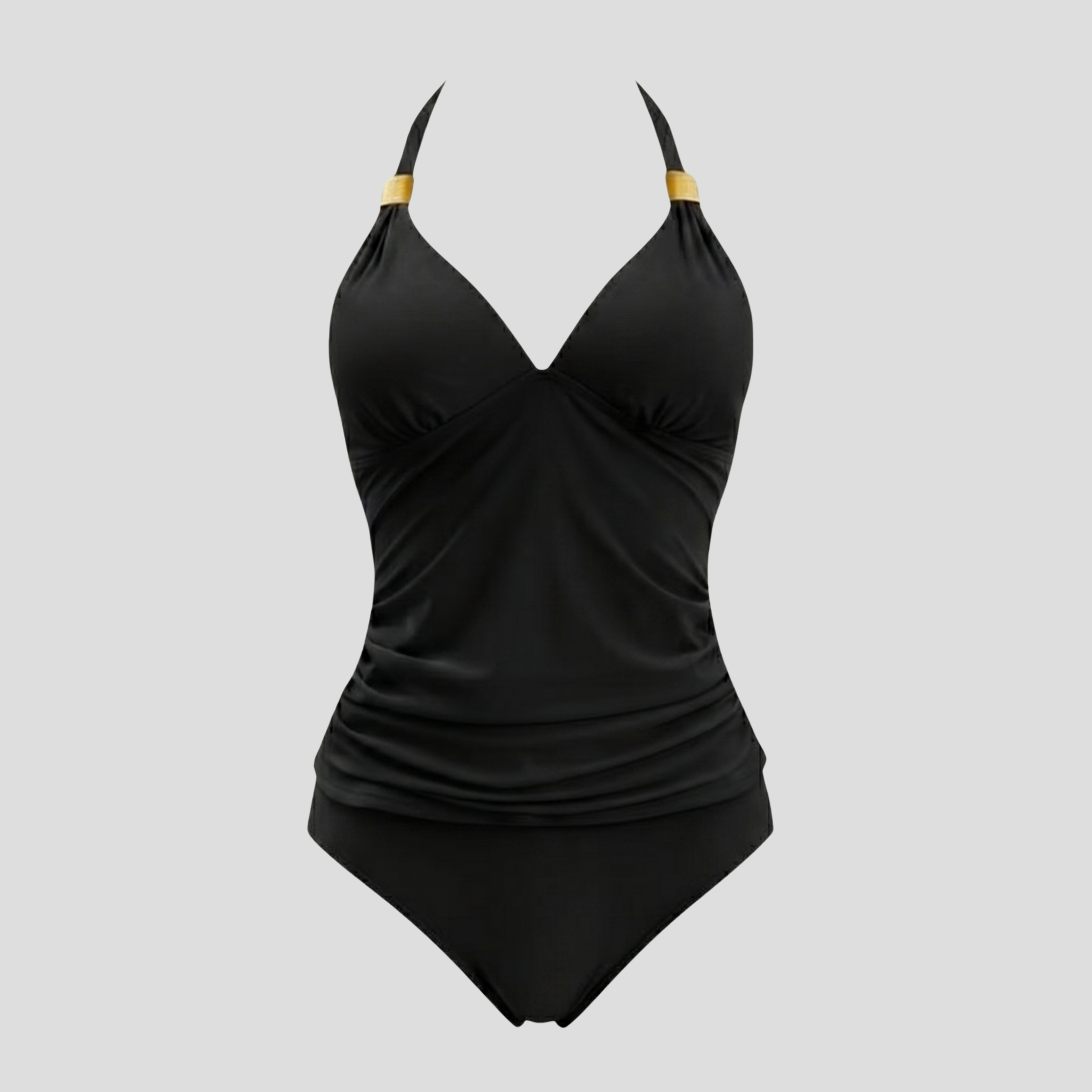 Women halter neck ruched tankini swimwear set with gold-tone hardware