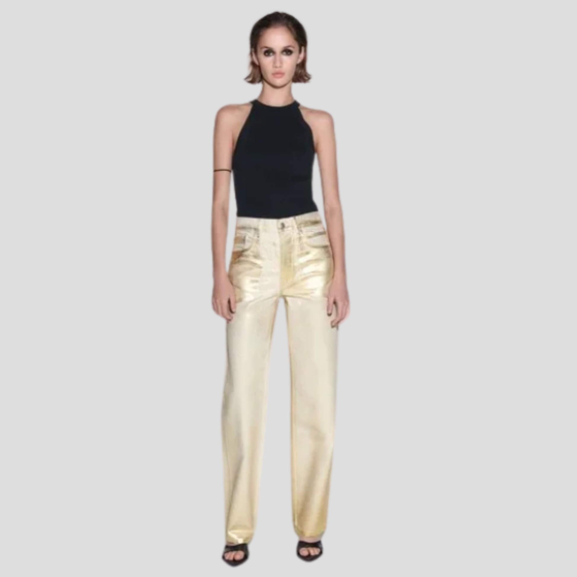 High-rise straight-leg metallic gold pants for evening wear