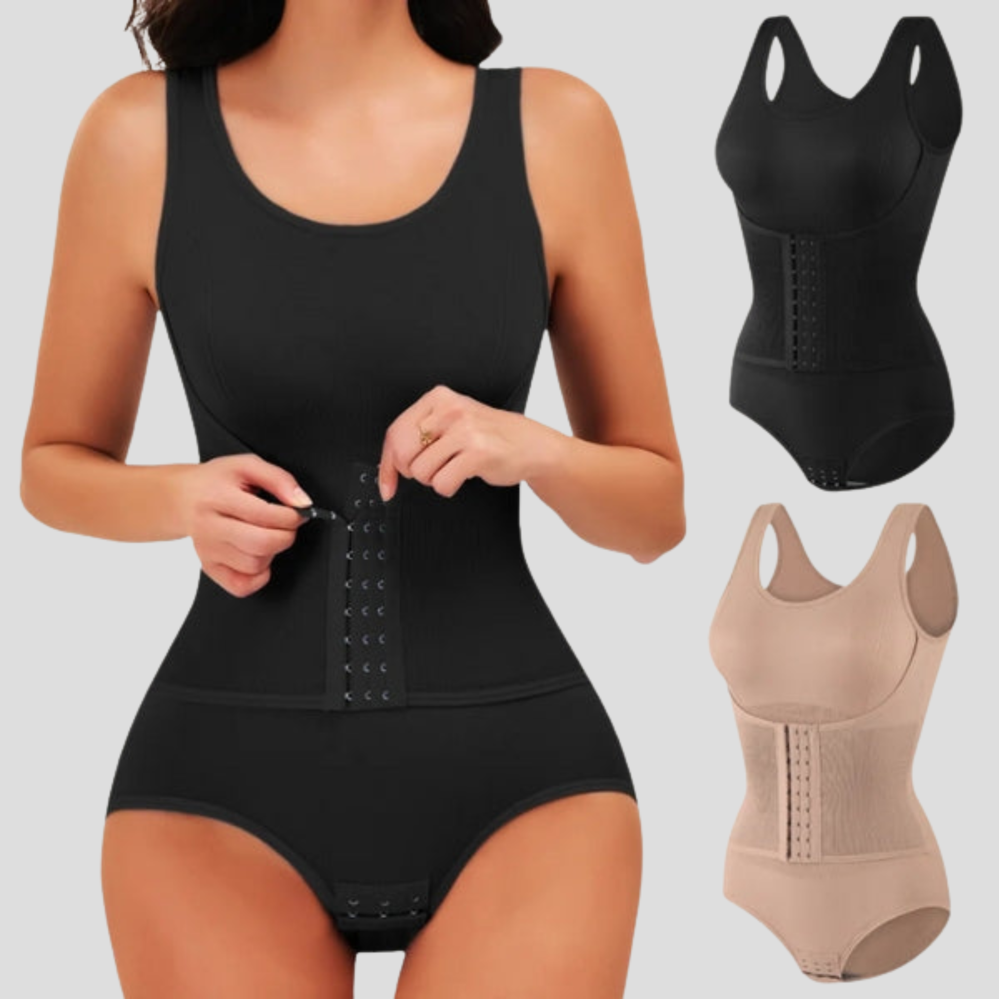 Women's sleeveless ribbed bodysuit with hook-front closure in black and beige