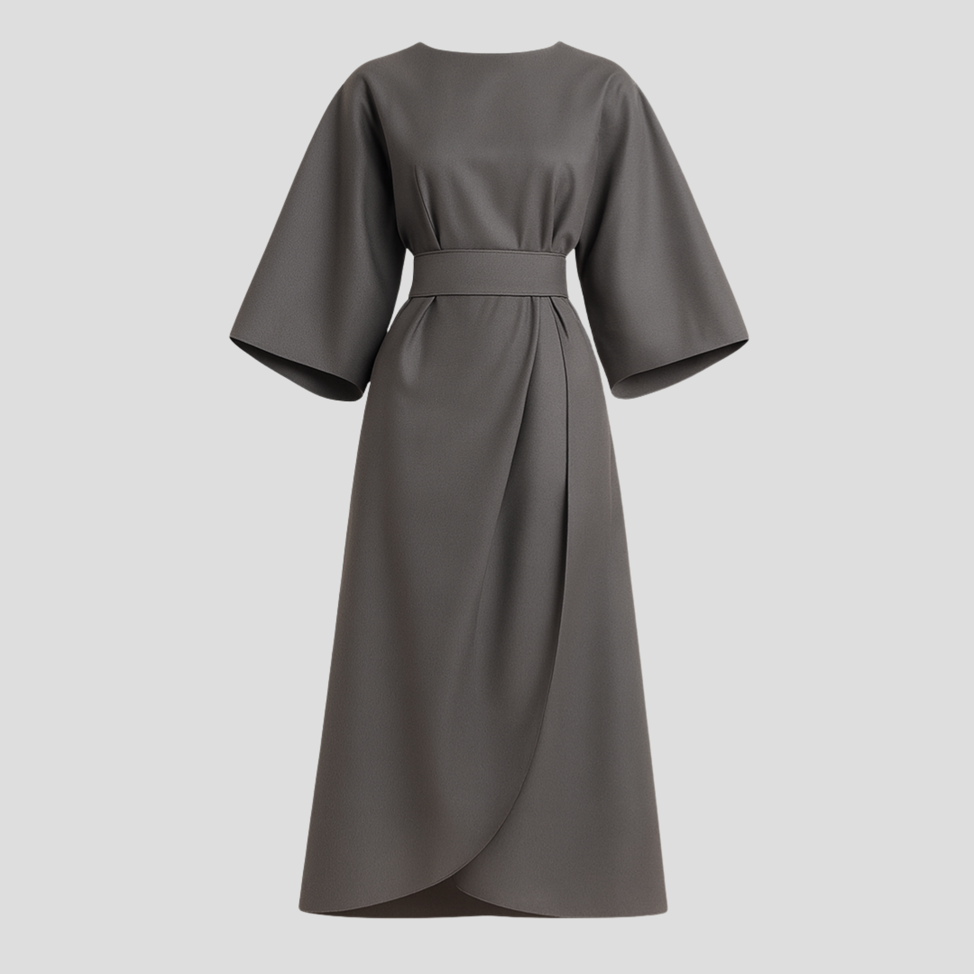 Women's belted floor-length maxi dress with a flowing skirt and defined waist