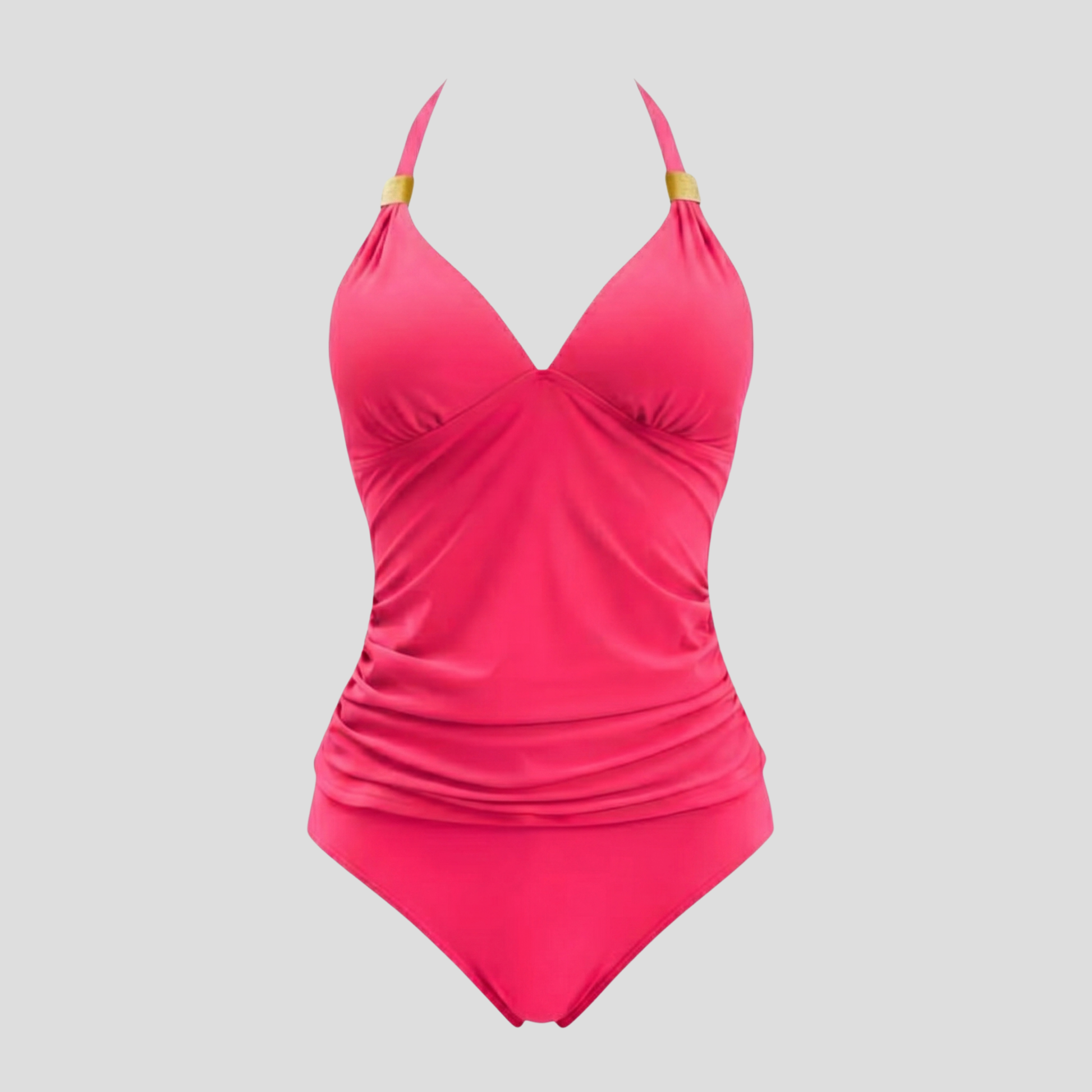 Women halter neck ruched tankini swimwear set with gold-tone hardware