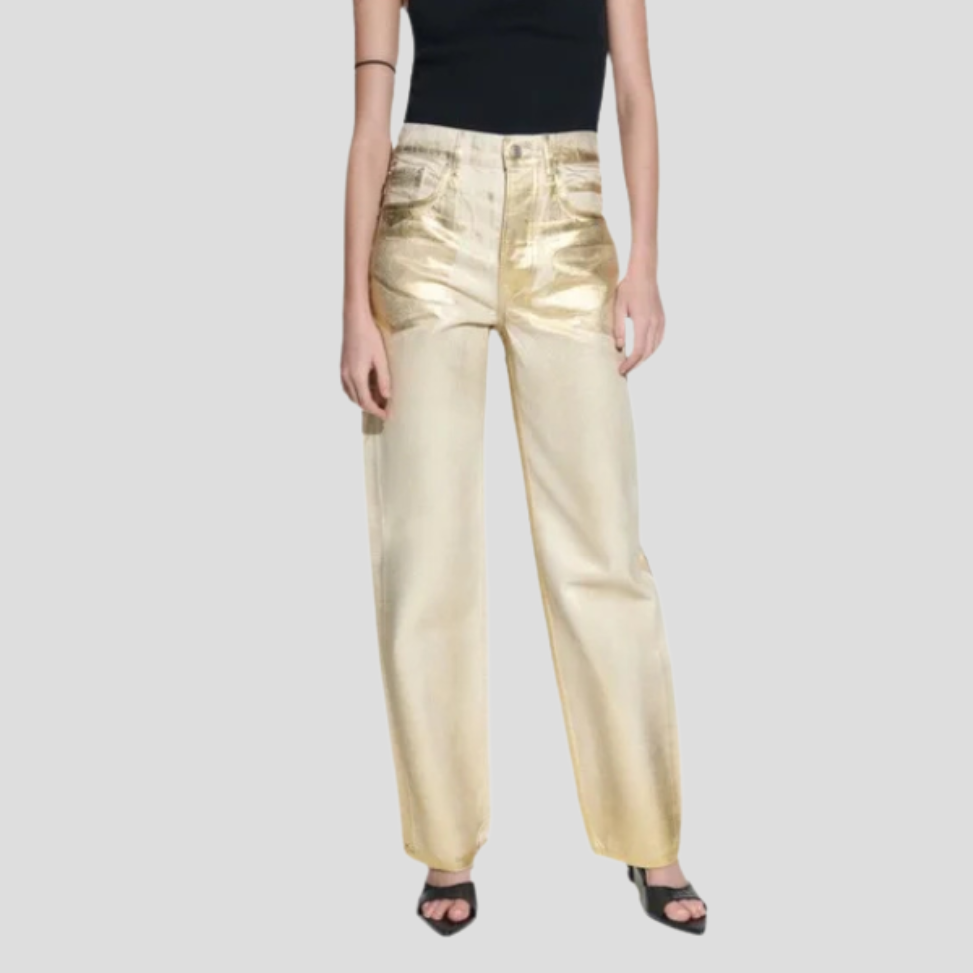 High-rise straight-leg metallic gold pants for evening wear