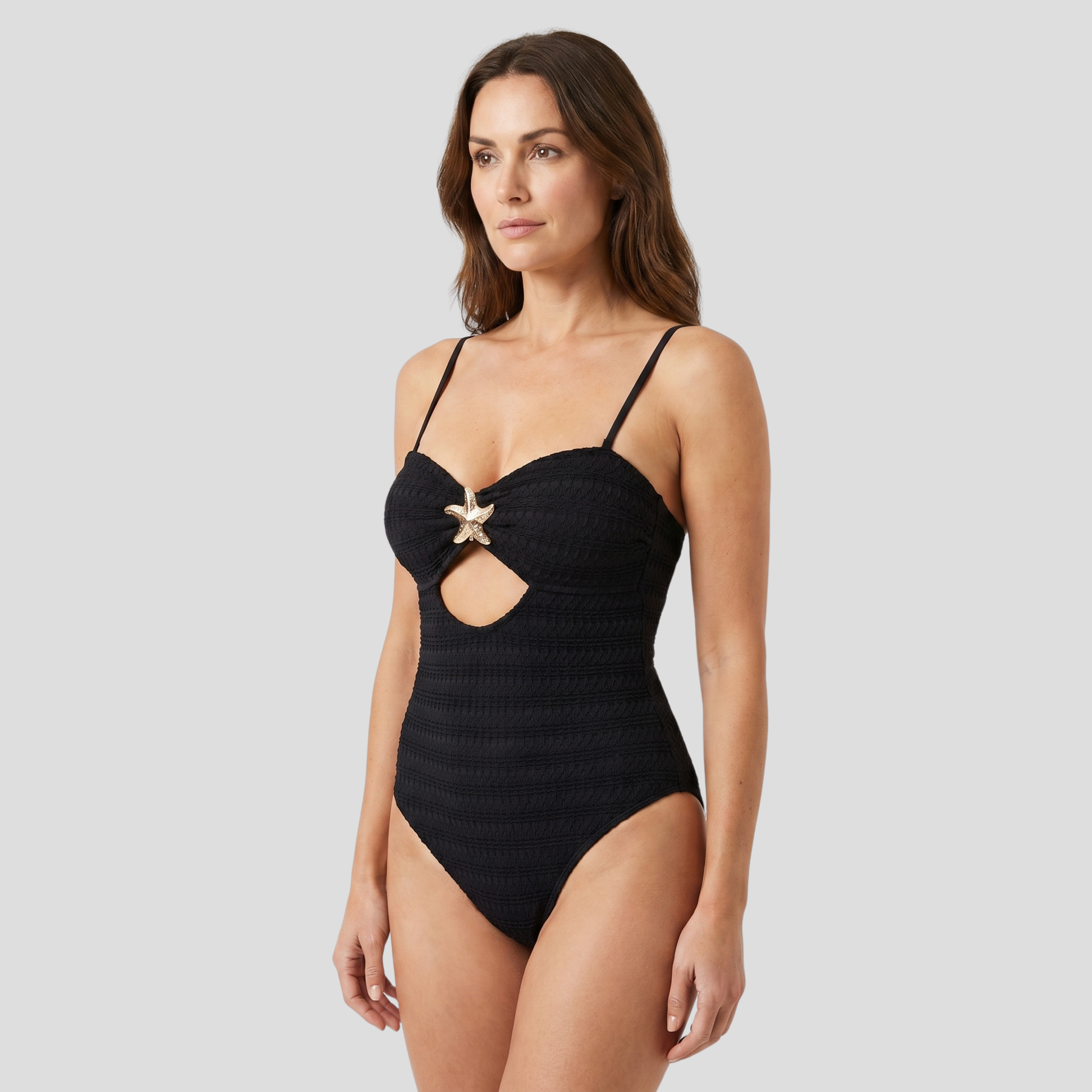 Women's one-piece swimsuit with front cut-out and gold-tone starfish detail