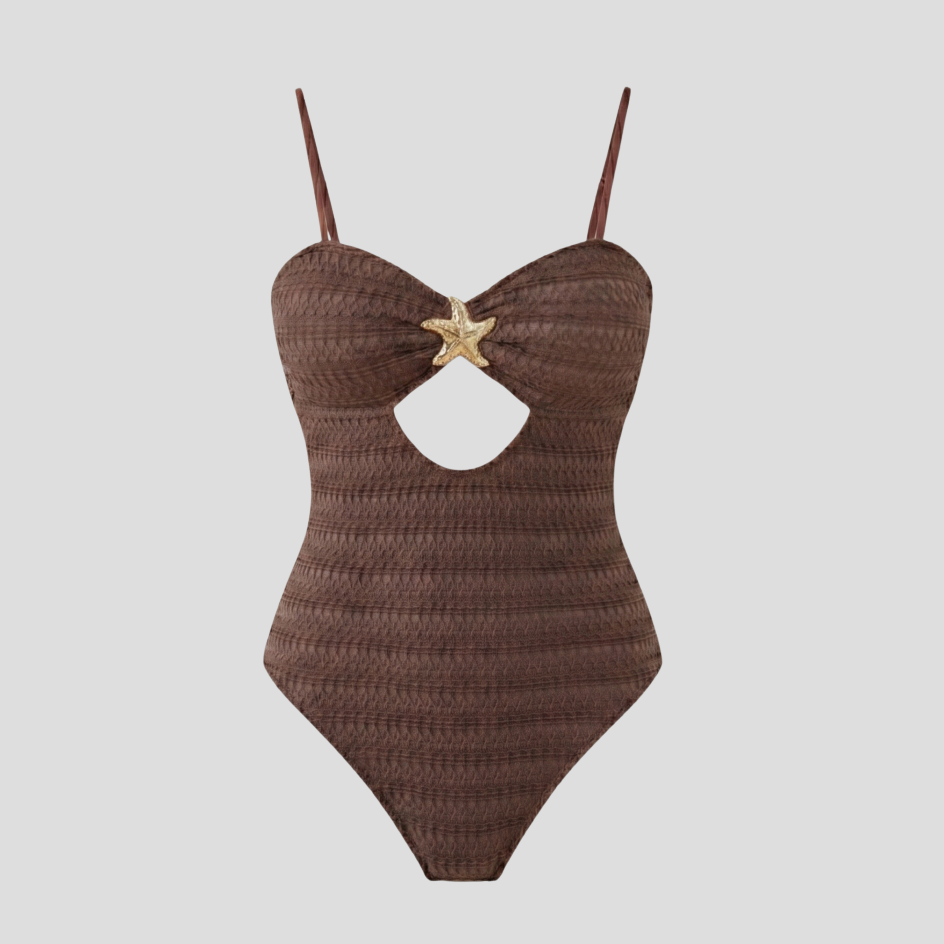Women's one-piece swimsuit with front cut-out and gold-tone starfish detail