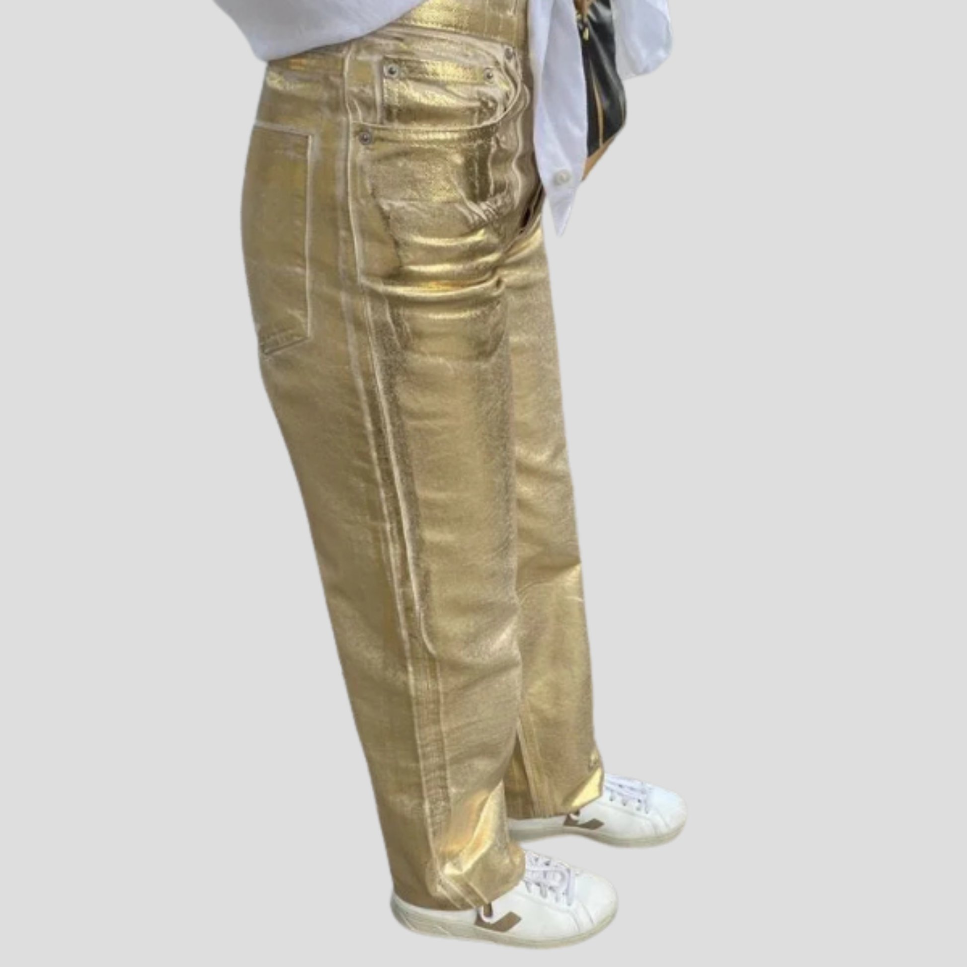 High-rise straight-leg metallic gold pants for evening wear