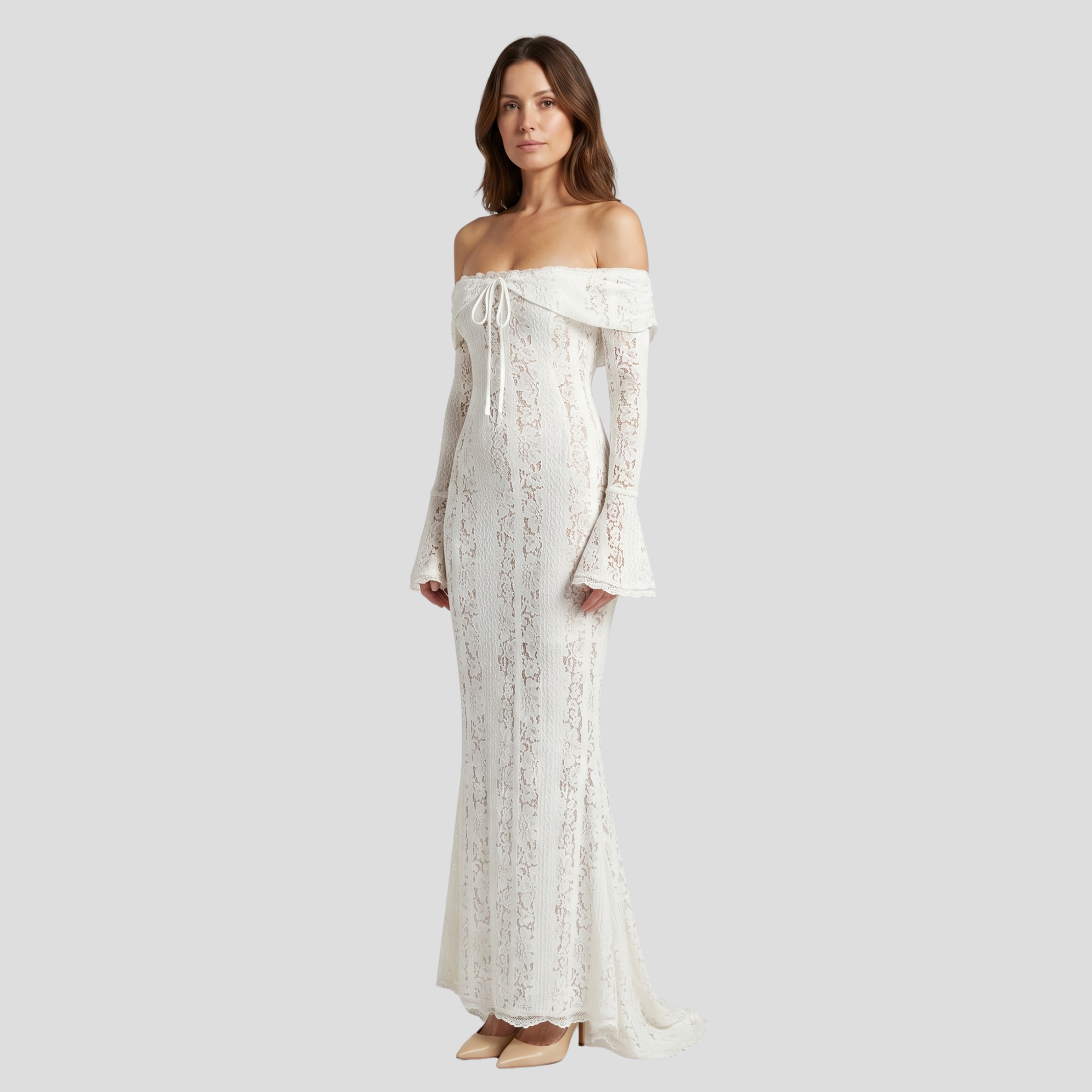 White off-shoulder floral maxi dress with fluted cuffs and flowing godet skirt