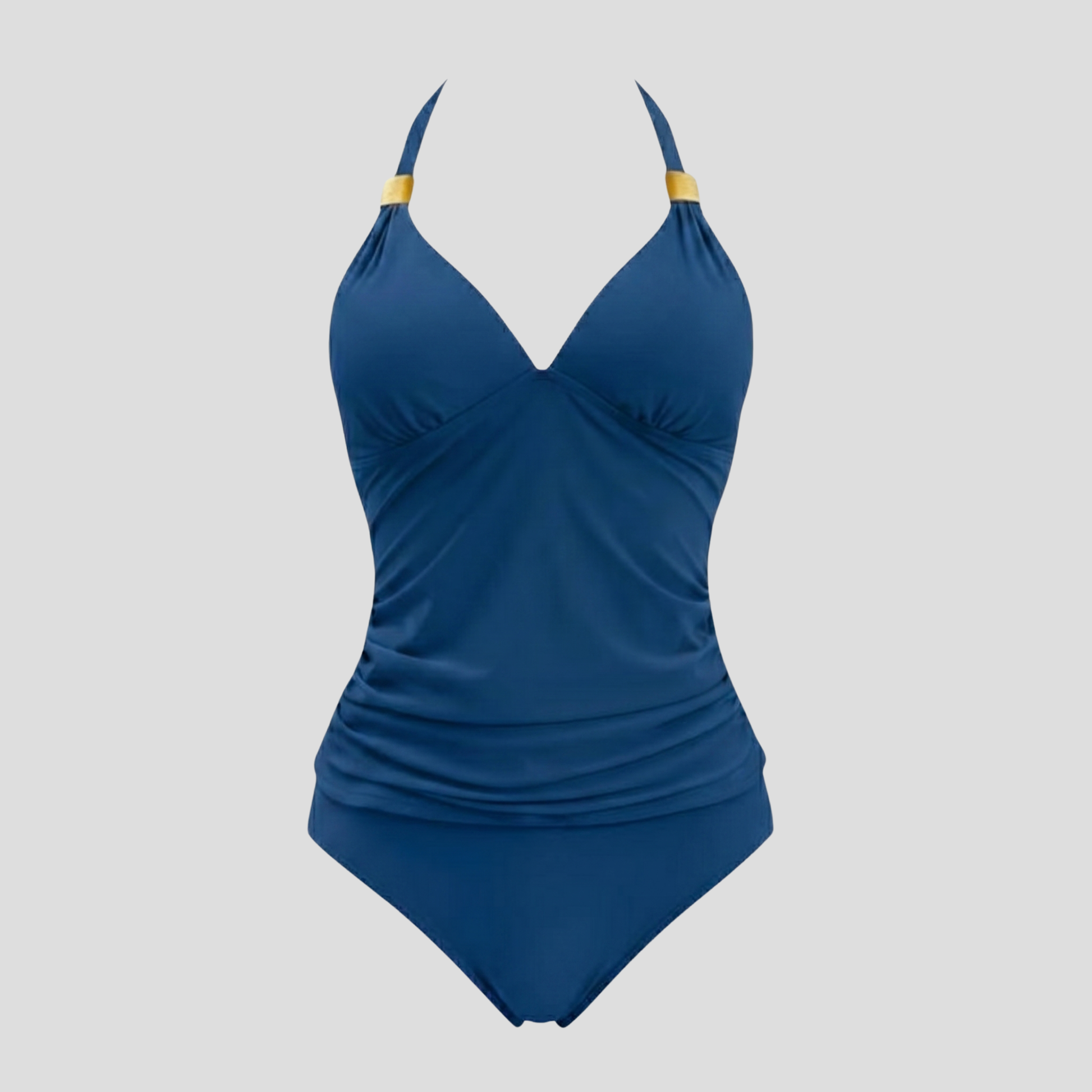 Women halter neck ruched tankini swimwear set with gold-tone hardware