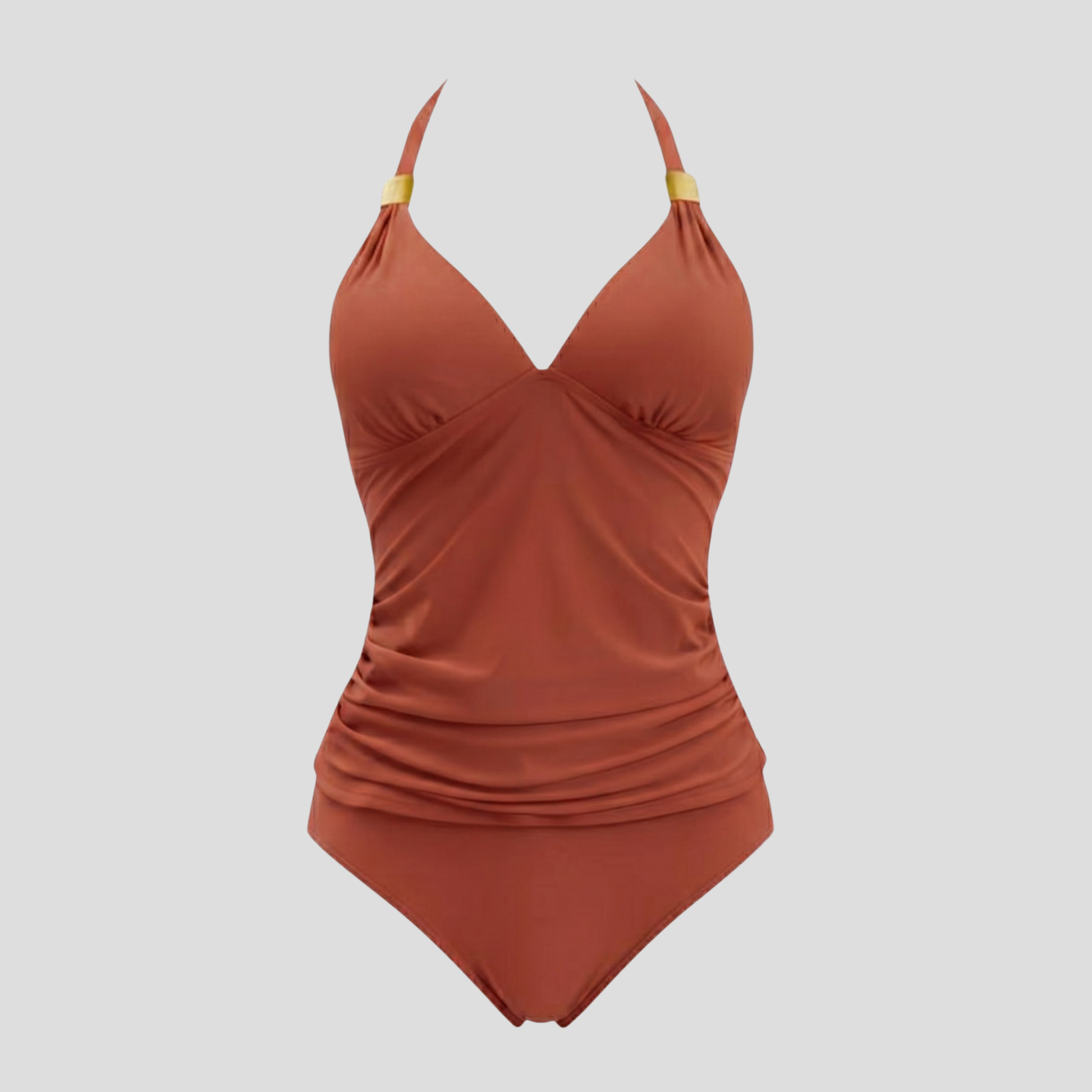 Women halter neck ruched tankini swimwear set with gold-tone hardware